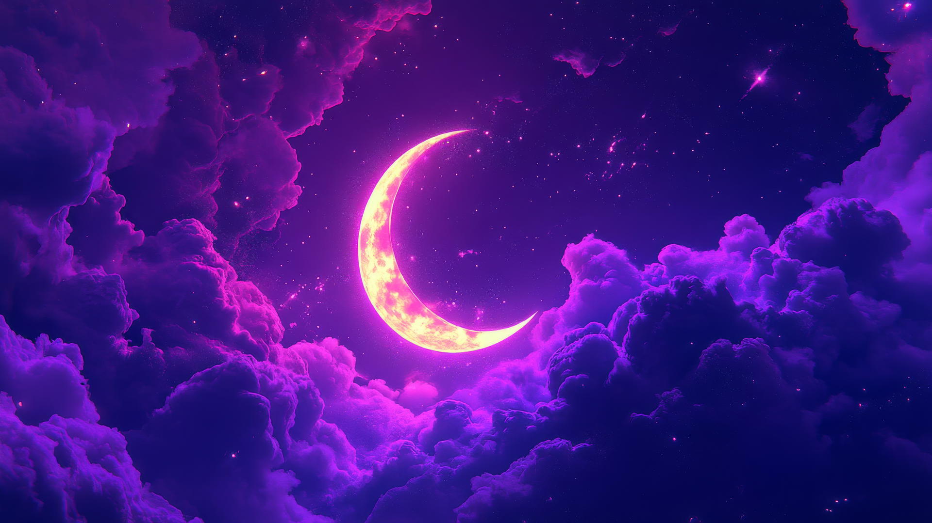 mystical neon purple aesthetic wallpaper with glowing crescent moon and stars