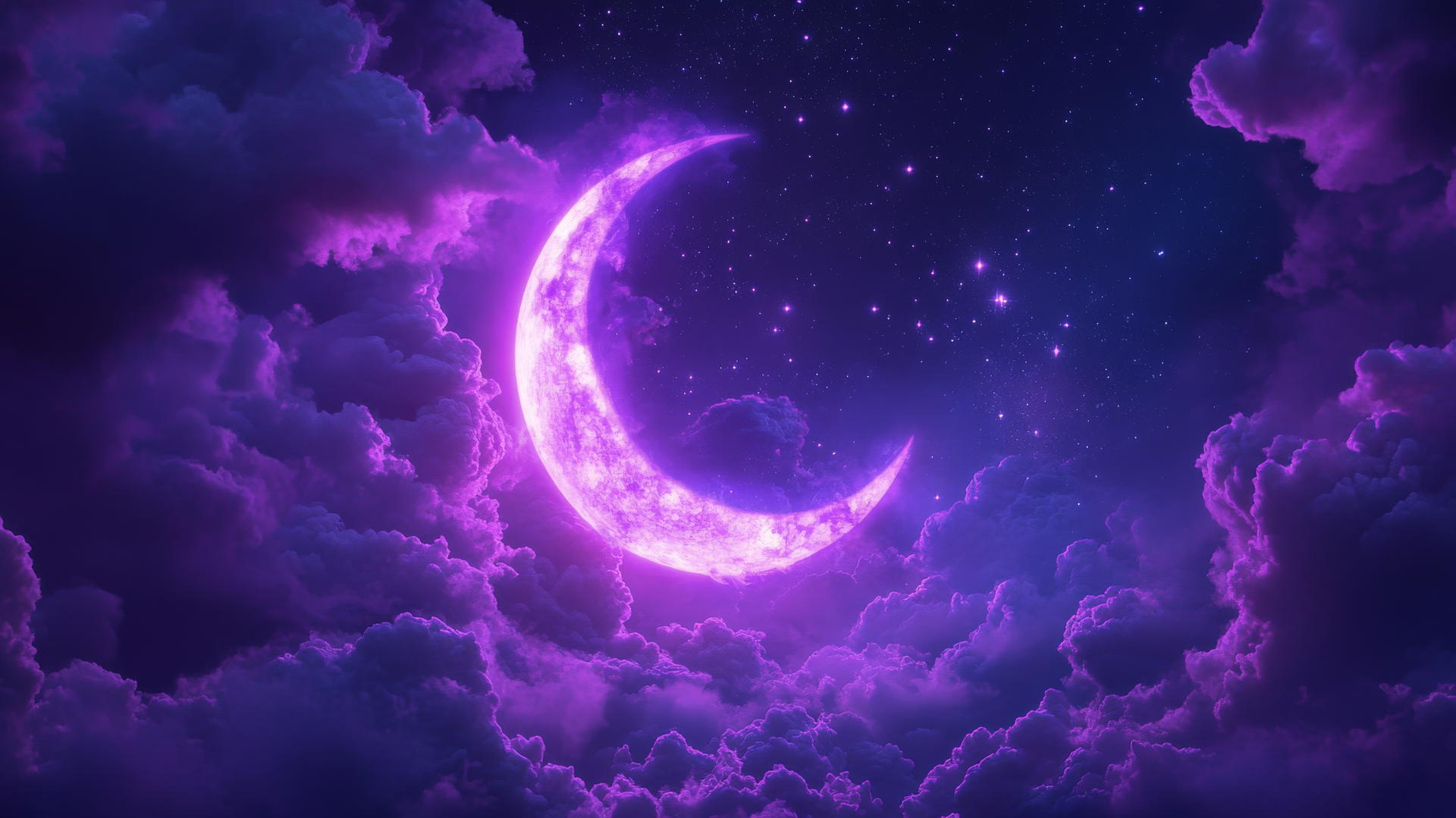 neon purple aesthetic wallpaper with a crescent moon, stars, clouds, and light trails