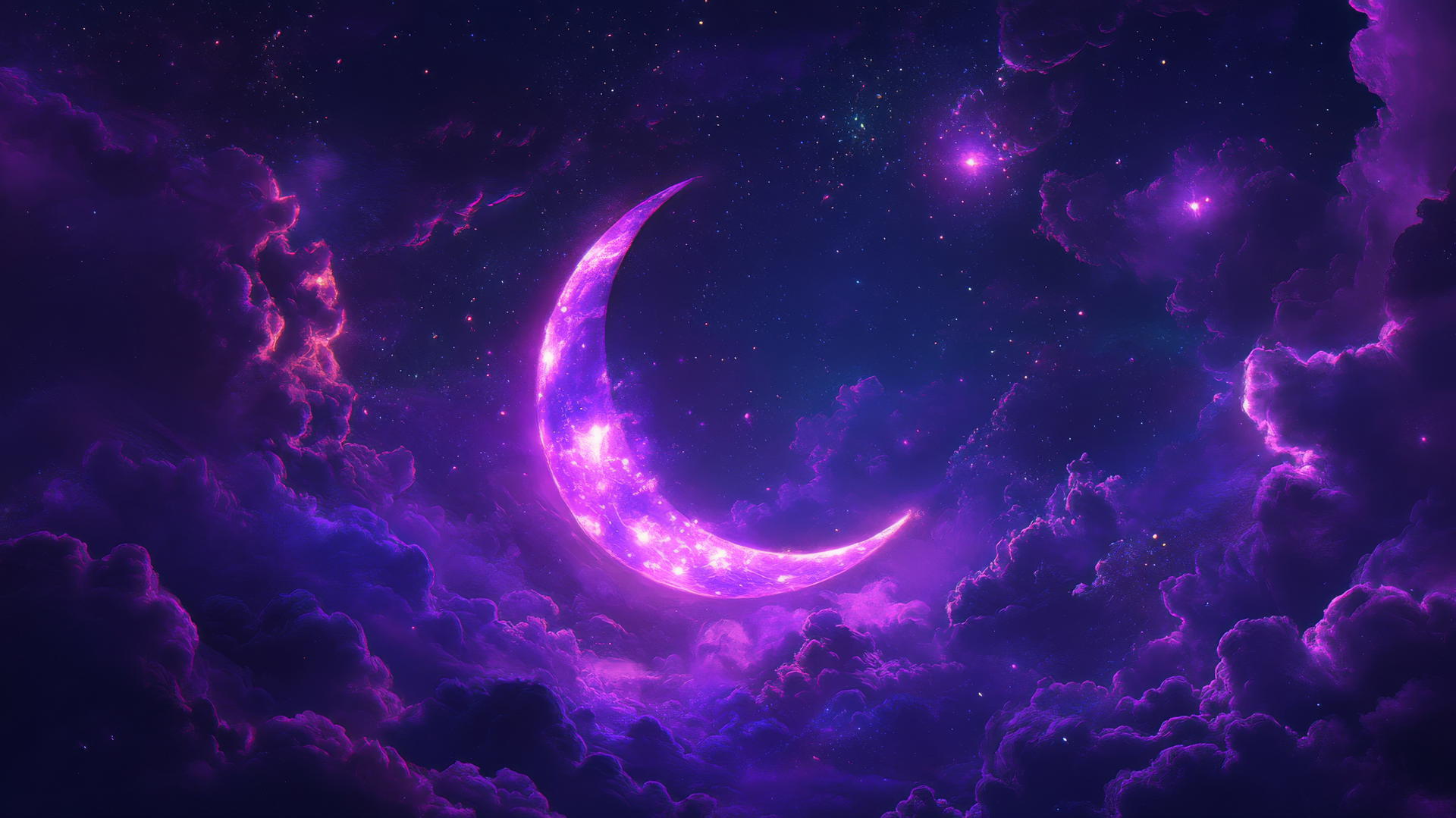 Neon purple aesthetic wallpaper with glowing crescent moon and stars