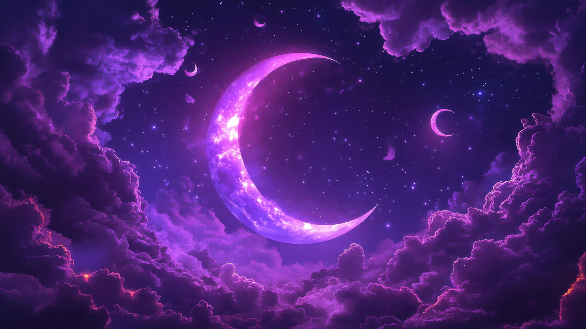 neon purple aesthetic wallpaper with a glowing crescent moon, stars, and abstract light trails