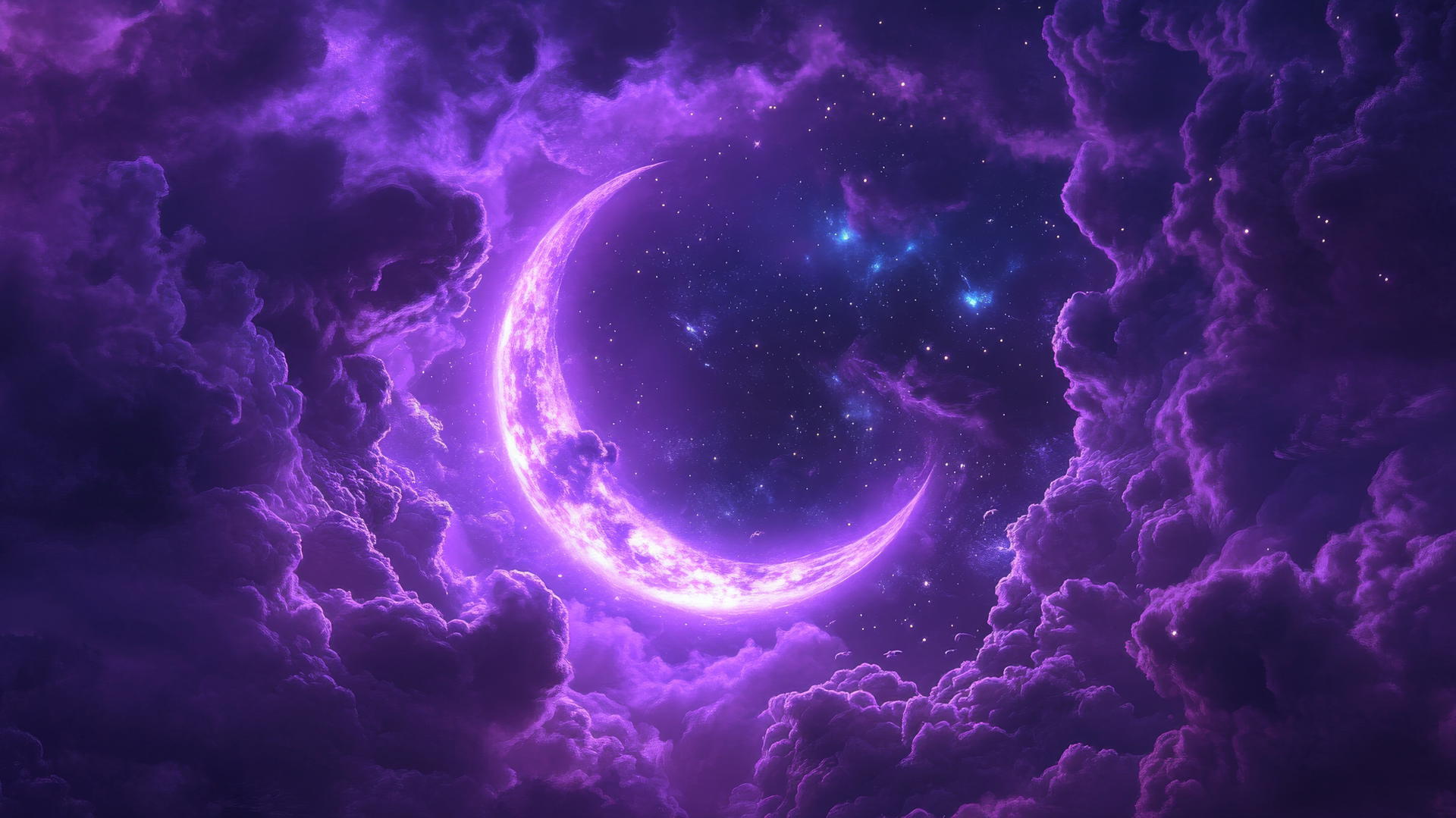 neon purple aesthetic wallpaper with glowing crescent moon, stars, and light trails