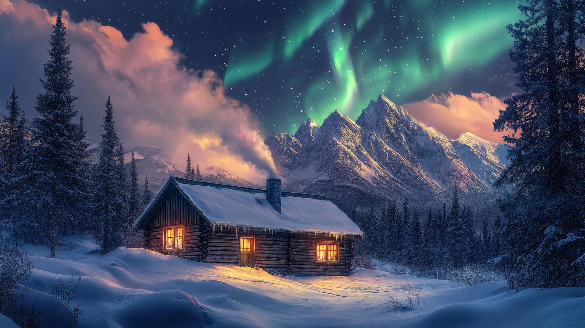 winter background wallpaper with snow-covered mountain cabin and northern lights