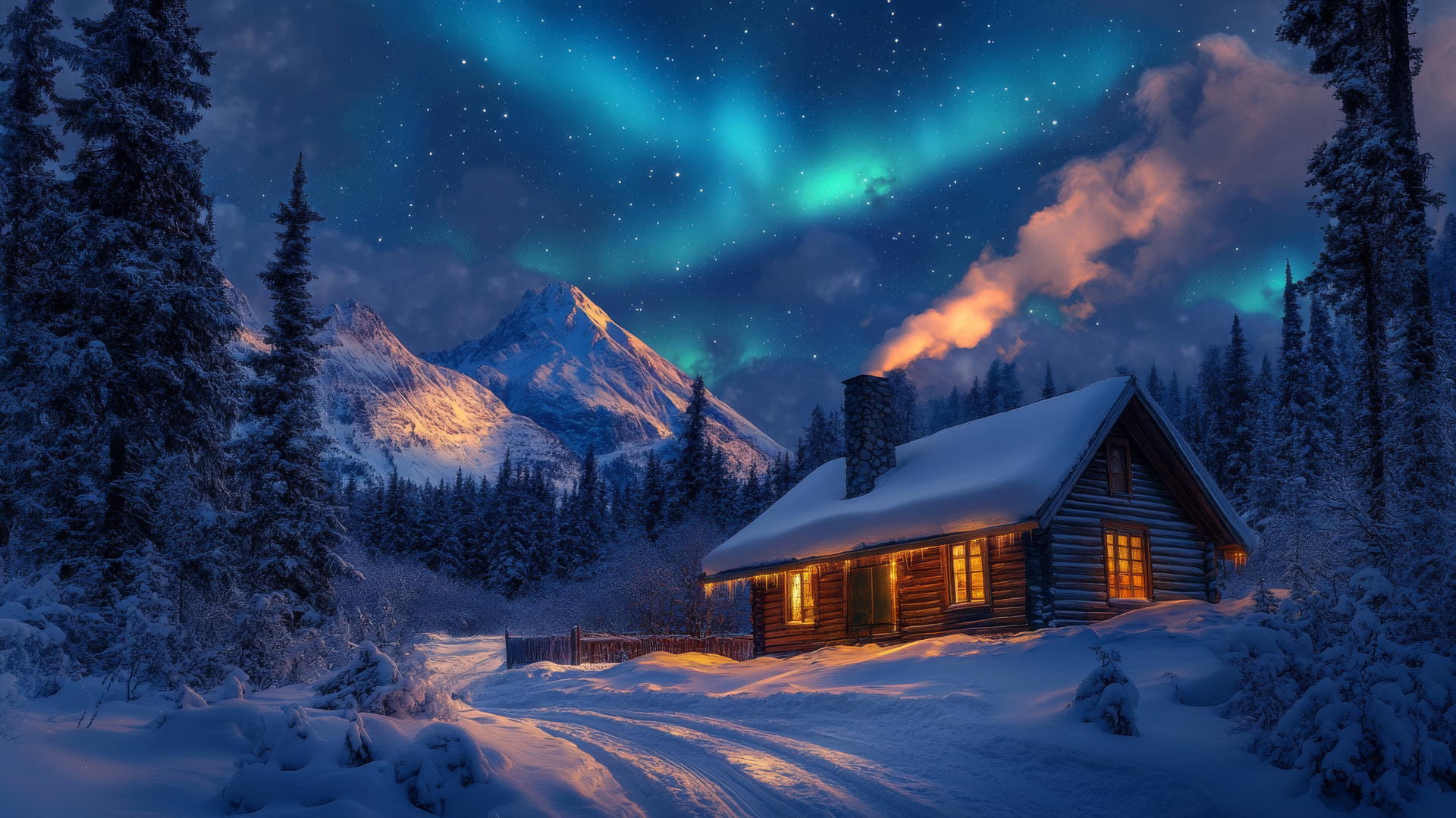 winter background wallpaper with mountain cabin, smoke, pine trees, northern lights