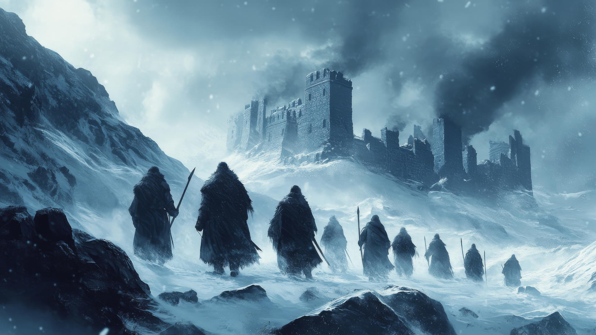 winter background wallpaper depicting warriors in fur amid snow-covered ancient ruins and snowstorm