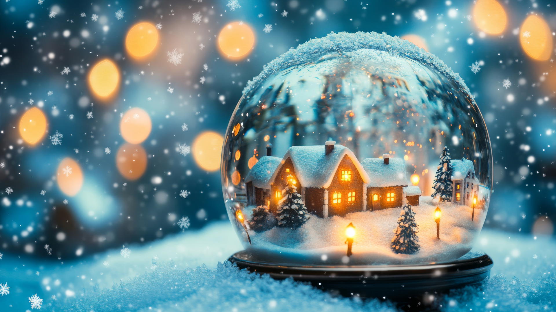 whimsical snow globe with detailed winter village, glowing streetlamps, swirling snowflakes