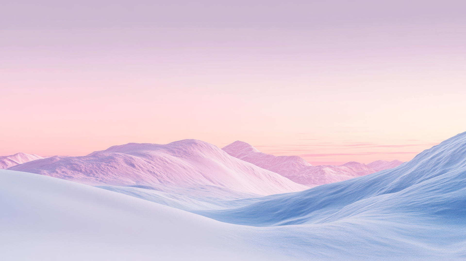 Pastel-colored snowy mountain range at sunrise with pink and lavender skies, winter aesthetic wallpaper