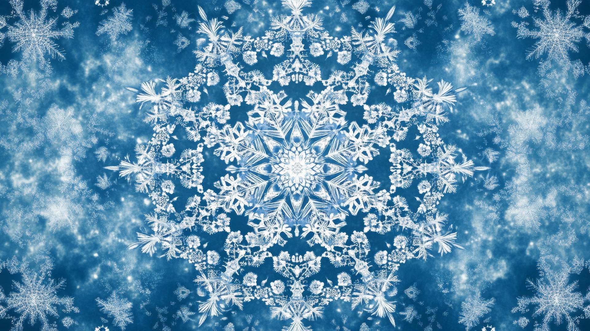An aesthetic winter wallpaper with an intricate snowflake mandala pattern in icy blues and whites.