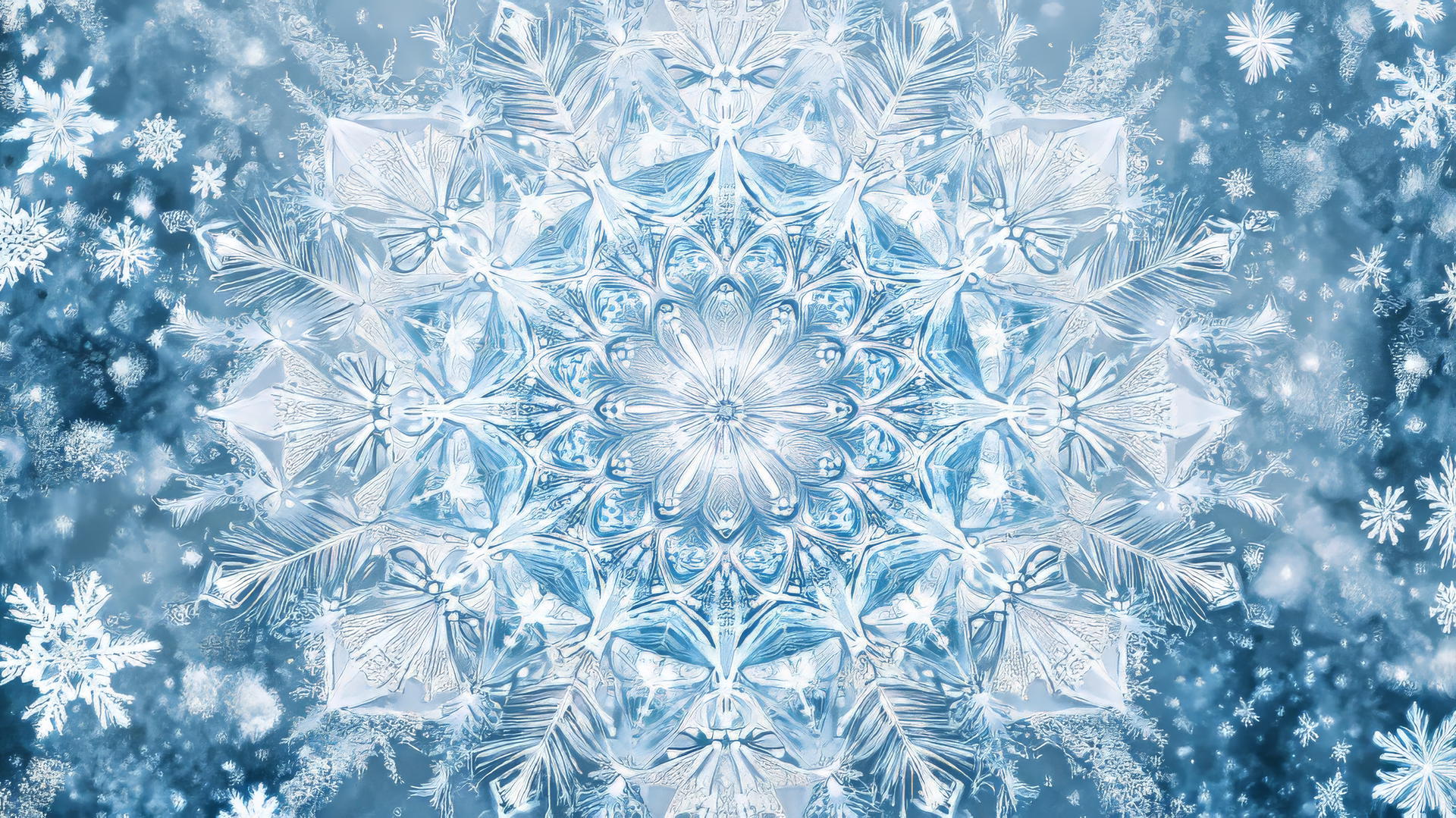 aesthetic winter wallpaper with intricate snowflake mandala pattern in icy blues and whites