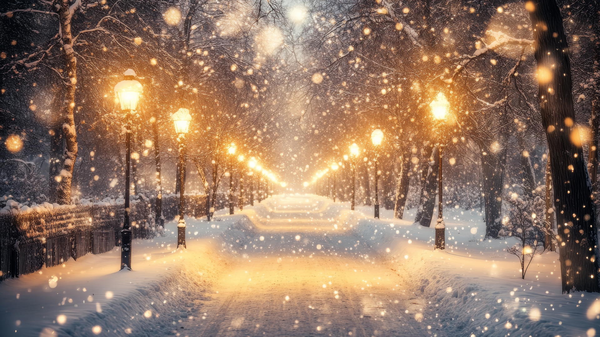 winter wallpaper with a snow-covered pathway, frost-covered trees, and golden streetlights