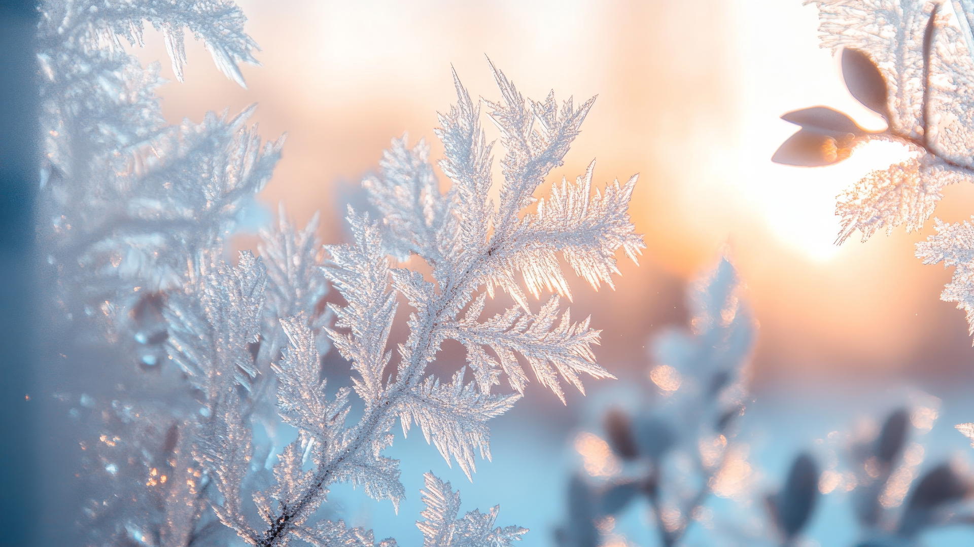 Close-up of frost patterns with intricate ice crystals in soft morning light, winter wallpaper aesthetic