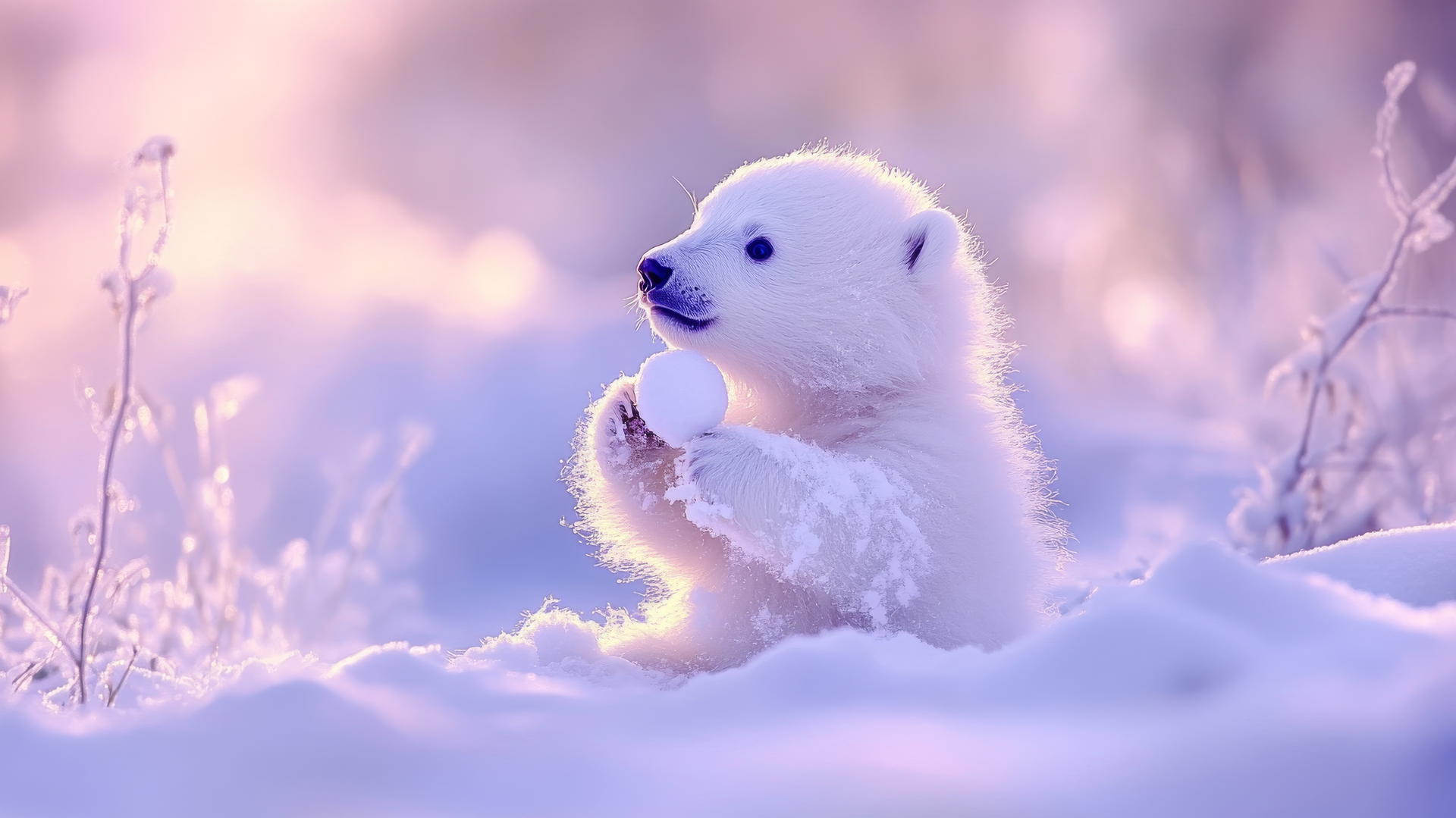 cute winter wallpaper of a tiny polar bear cub playing with a snowball in a pastel winter landscape