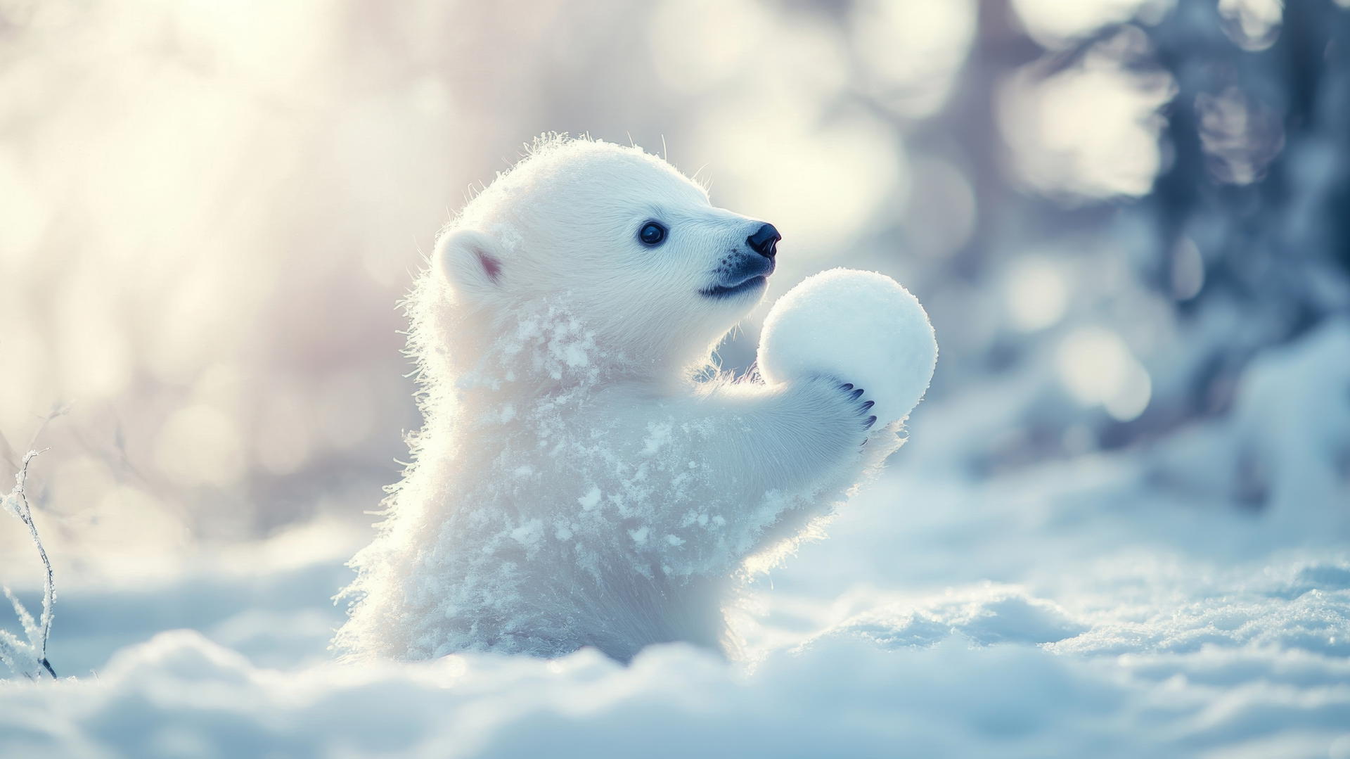 cute winter wallpaper with a tiny polar bear cub playing with a snowball