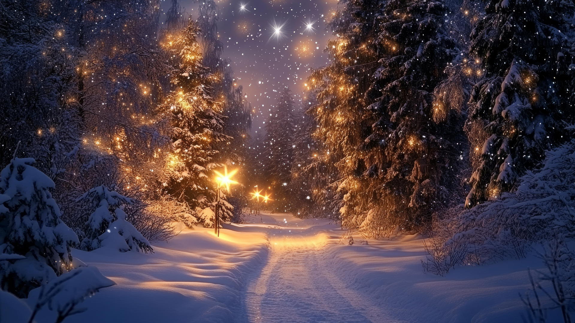 winter wonderland wallpaper with snow-covered trees glowing under moonlight, twinkling stars, and a snowy path