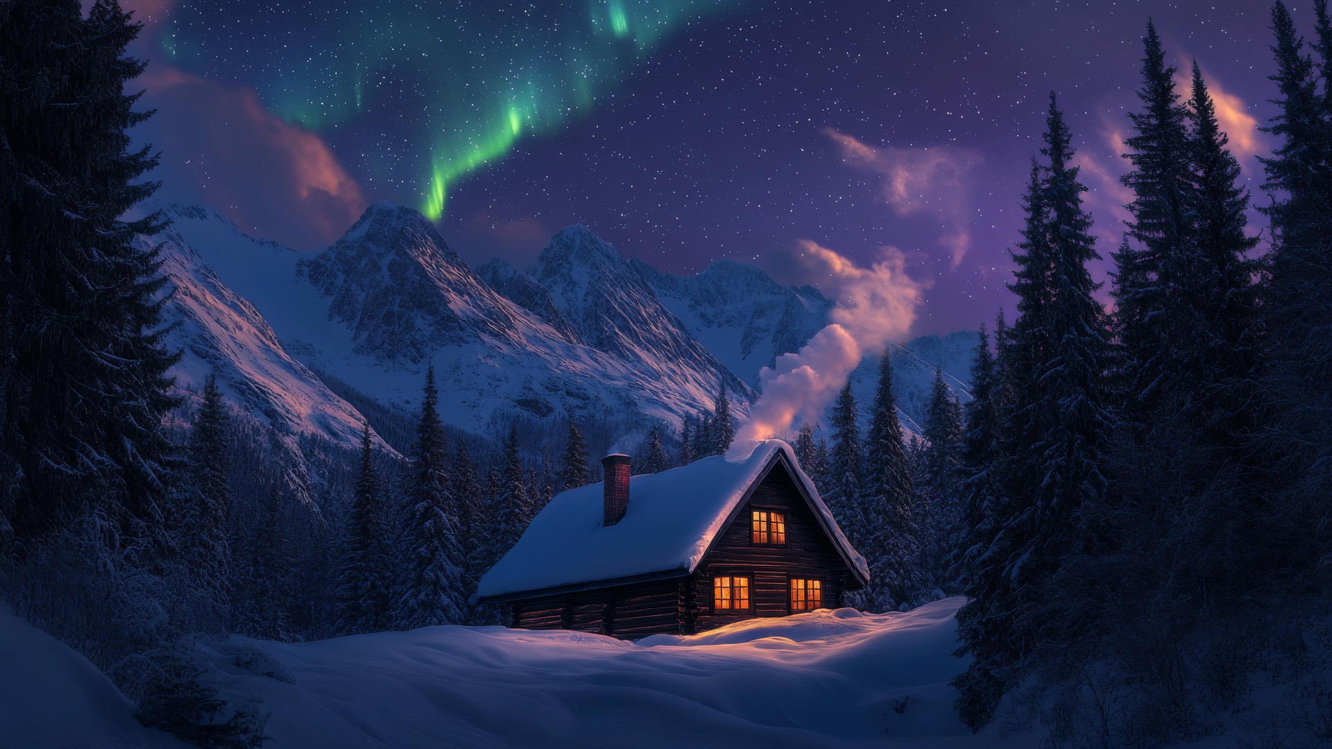winter background wallpaper with snow-covered mountain cabin, smoke from chimney, under northern lights