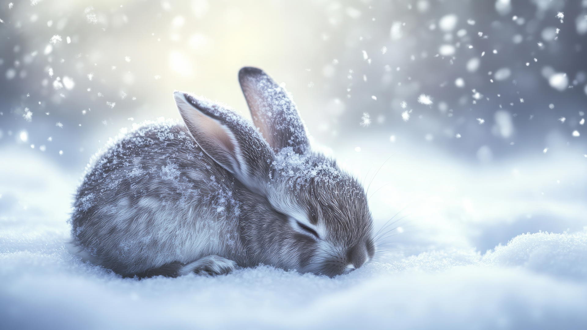 cute winter wallpaper with a sleepy bunny curled up in the snow, snowflakes on its fur