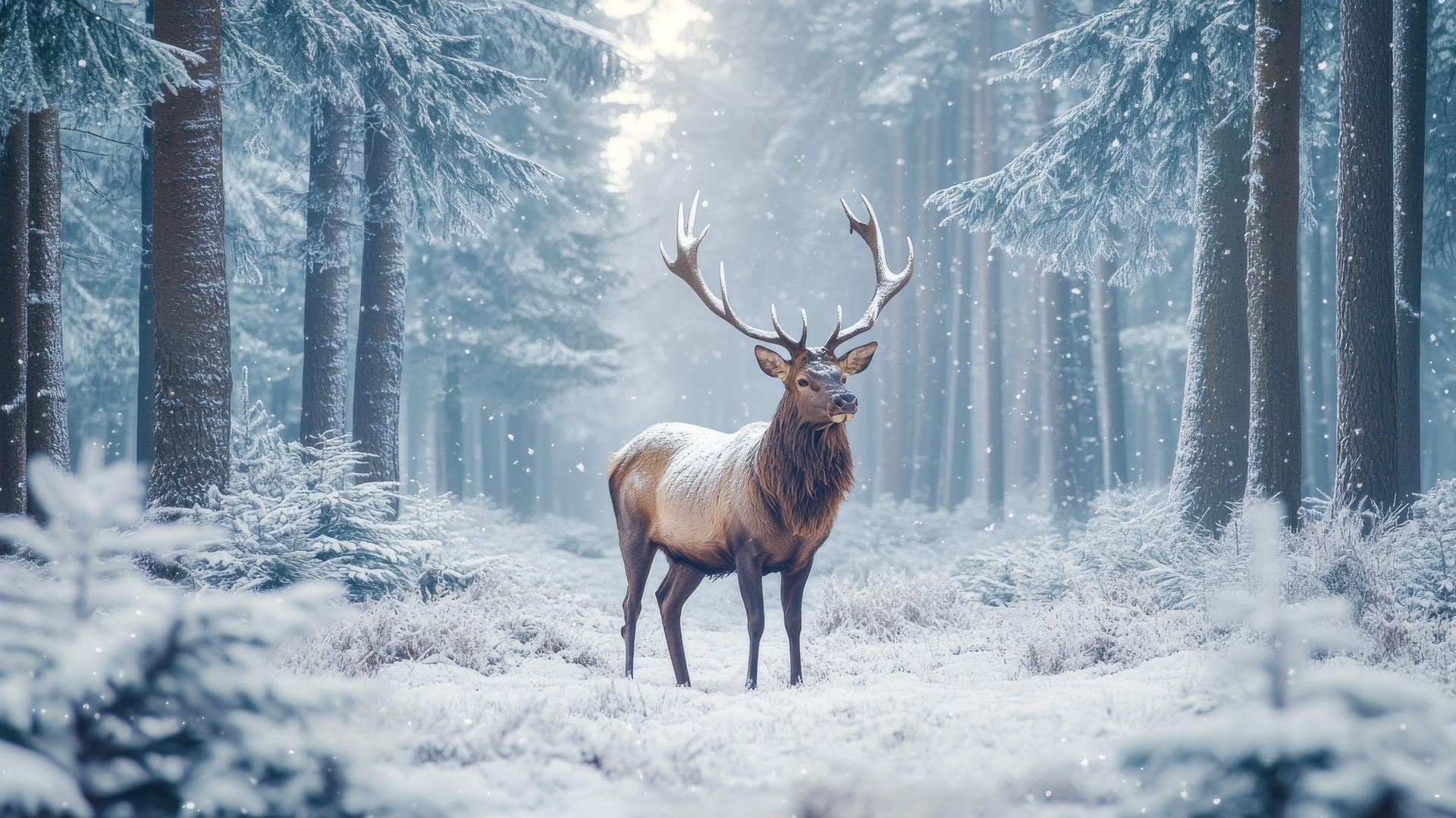majestic stag in snowy forest, antlers frosted, surrounded by snowy pine trees, beautiful winter wallpaper