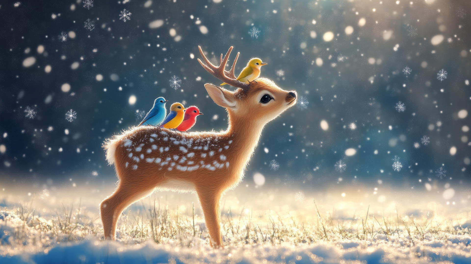 Cute winter wallpaper featuring a baby deer with fuzzy antlers in a snowy field with colorful birds on its back.