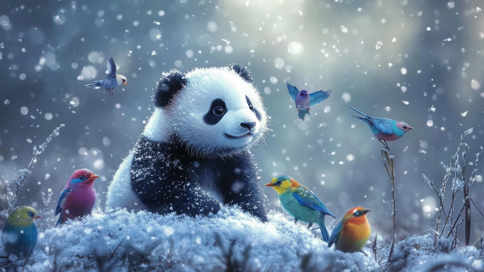 cute winter wallpaper with a baby panda and colorful birds in snowy field