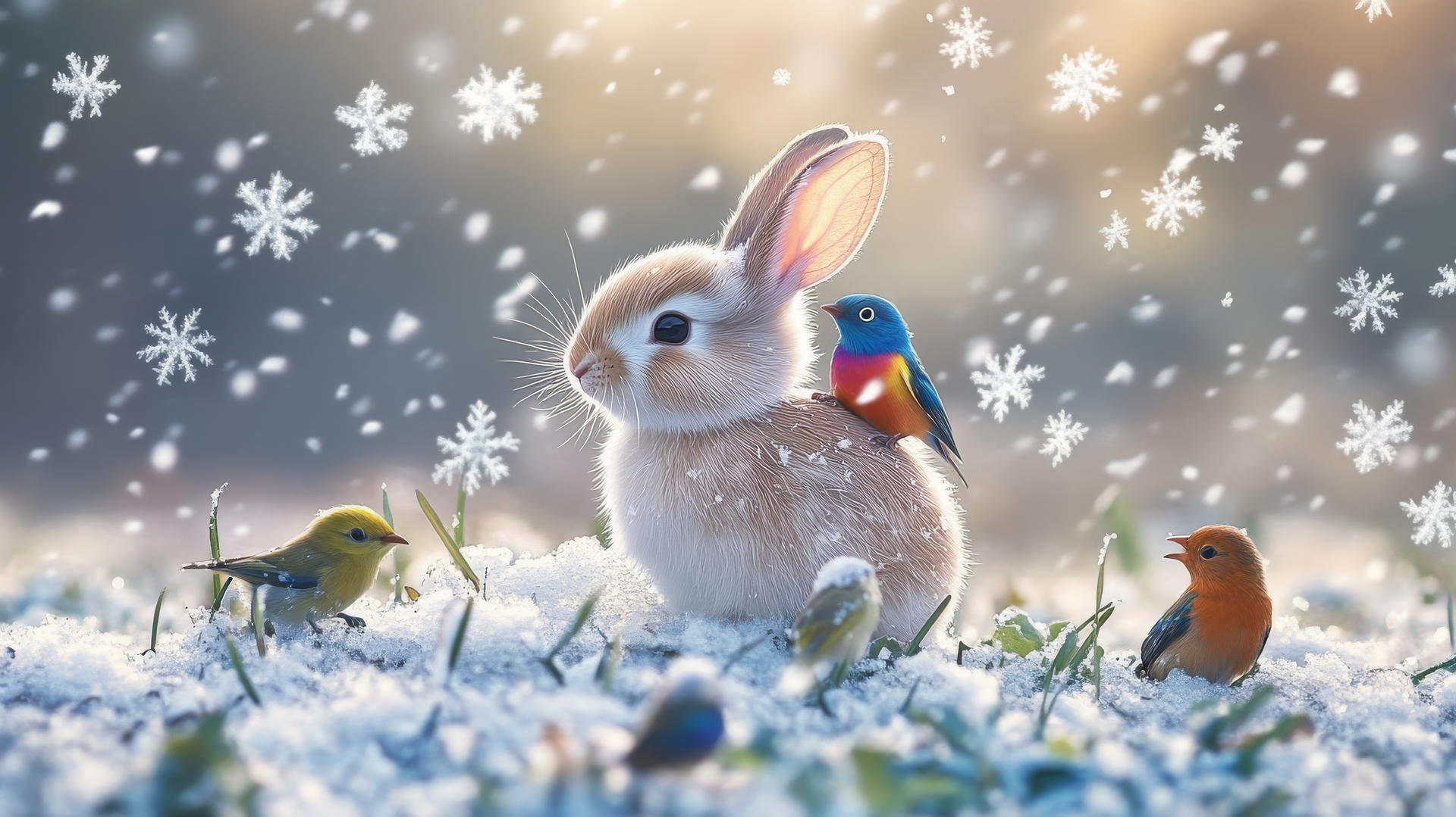Cute winter wallpaper with a baby bunny and birds in a snowy field.