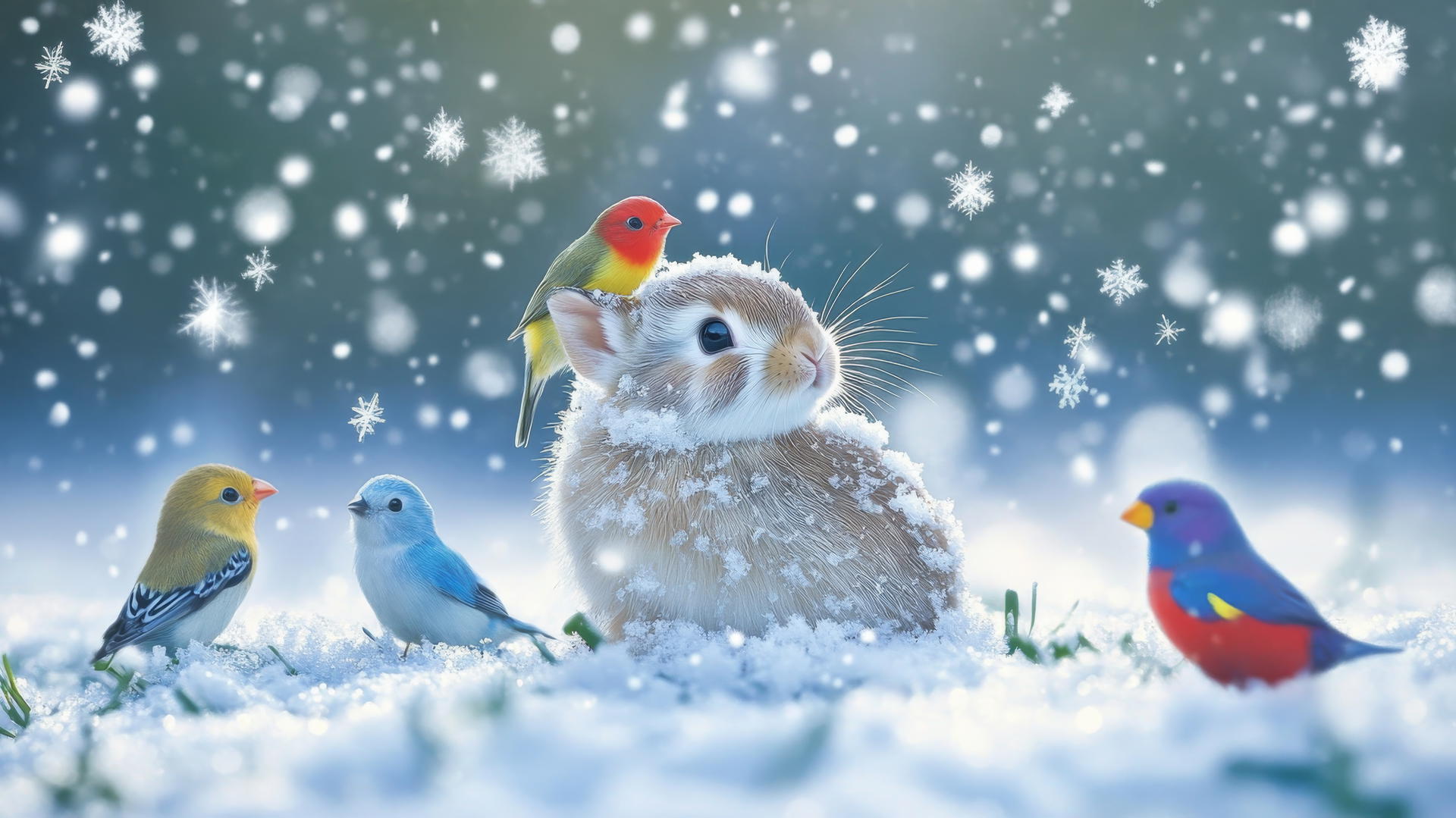 A baby bunny in a snowy field with colorful birds on its back, surrounded by falling snowflakes; cute winter wallpaper.