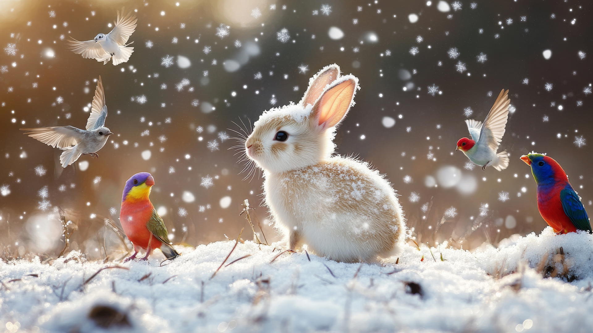 cute winter wallpaper with a baby bunny in a snowy field, birds on its back