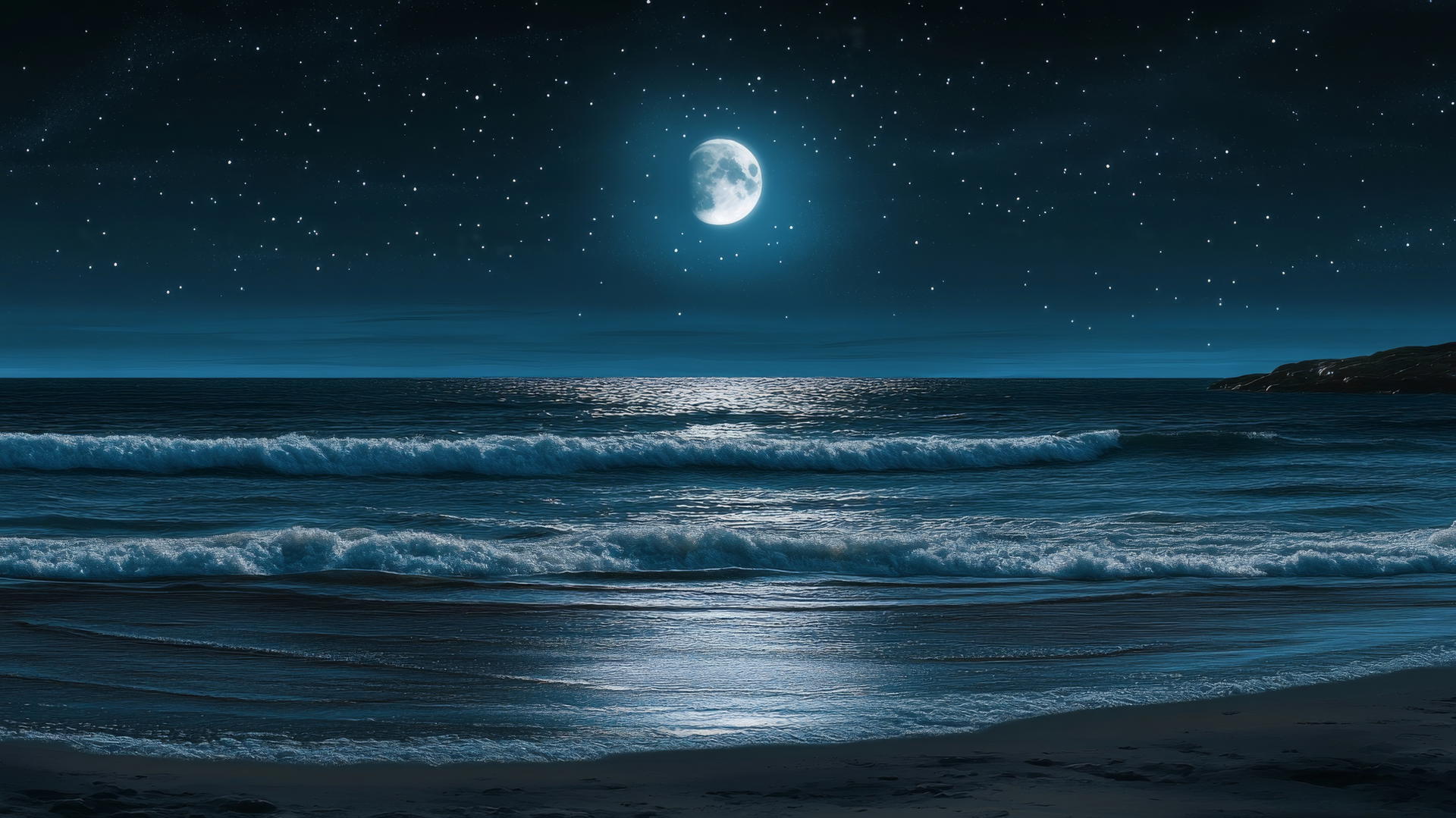 Nighttime beach scene with full moon reflection on ocean, glowing waves and twinkling stars, beach background wallpaper