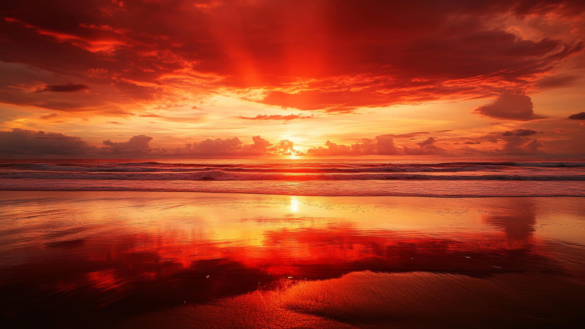 sunset beach wallpaper with fiery red and orange skies and mirror-like wet beach