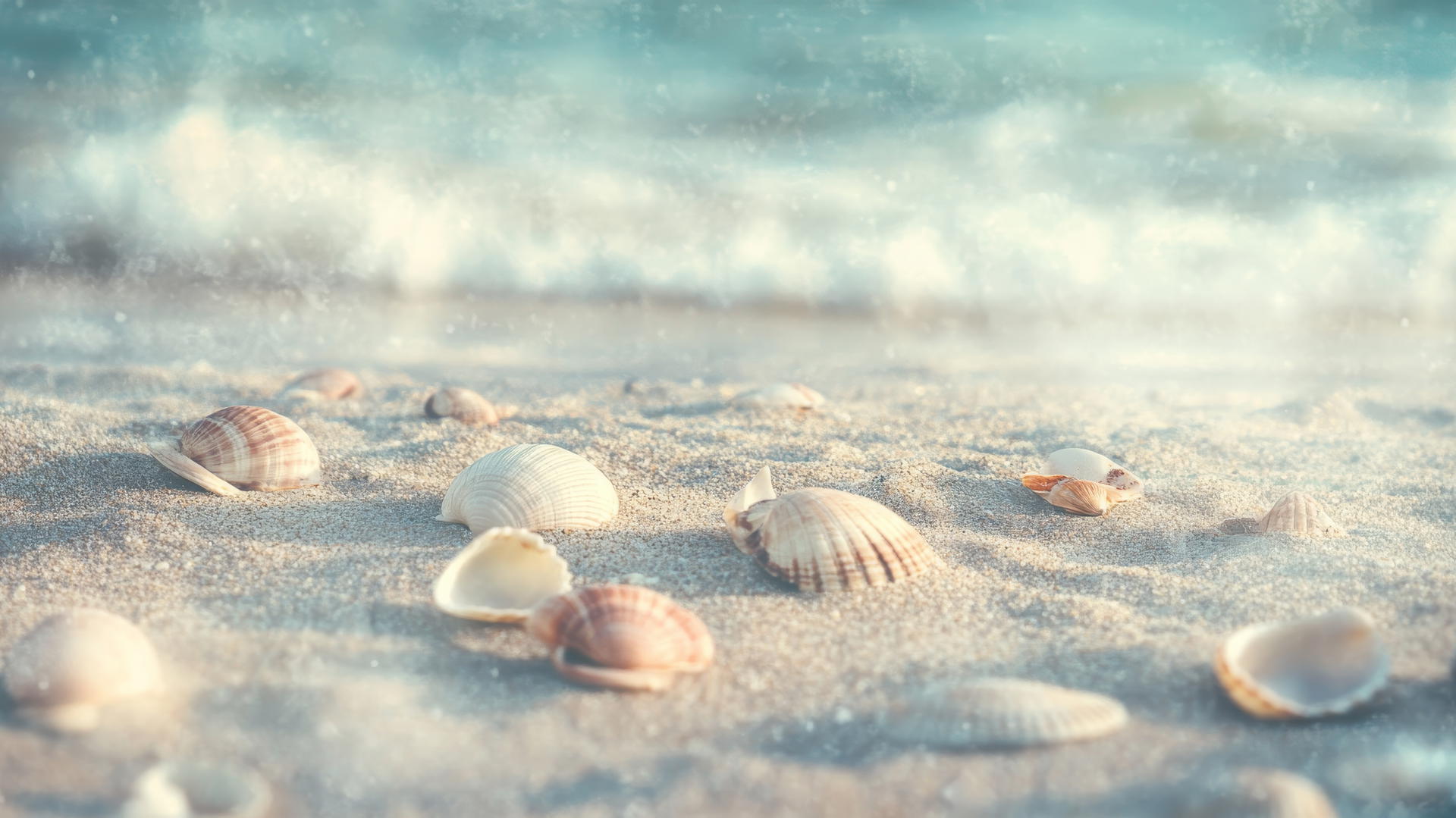 vintage beach scene with muted colors and faded seashells, beach wallpaper aesthetic