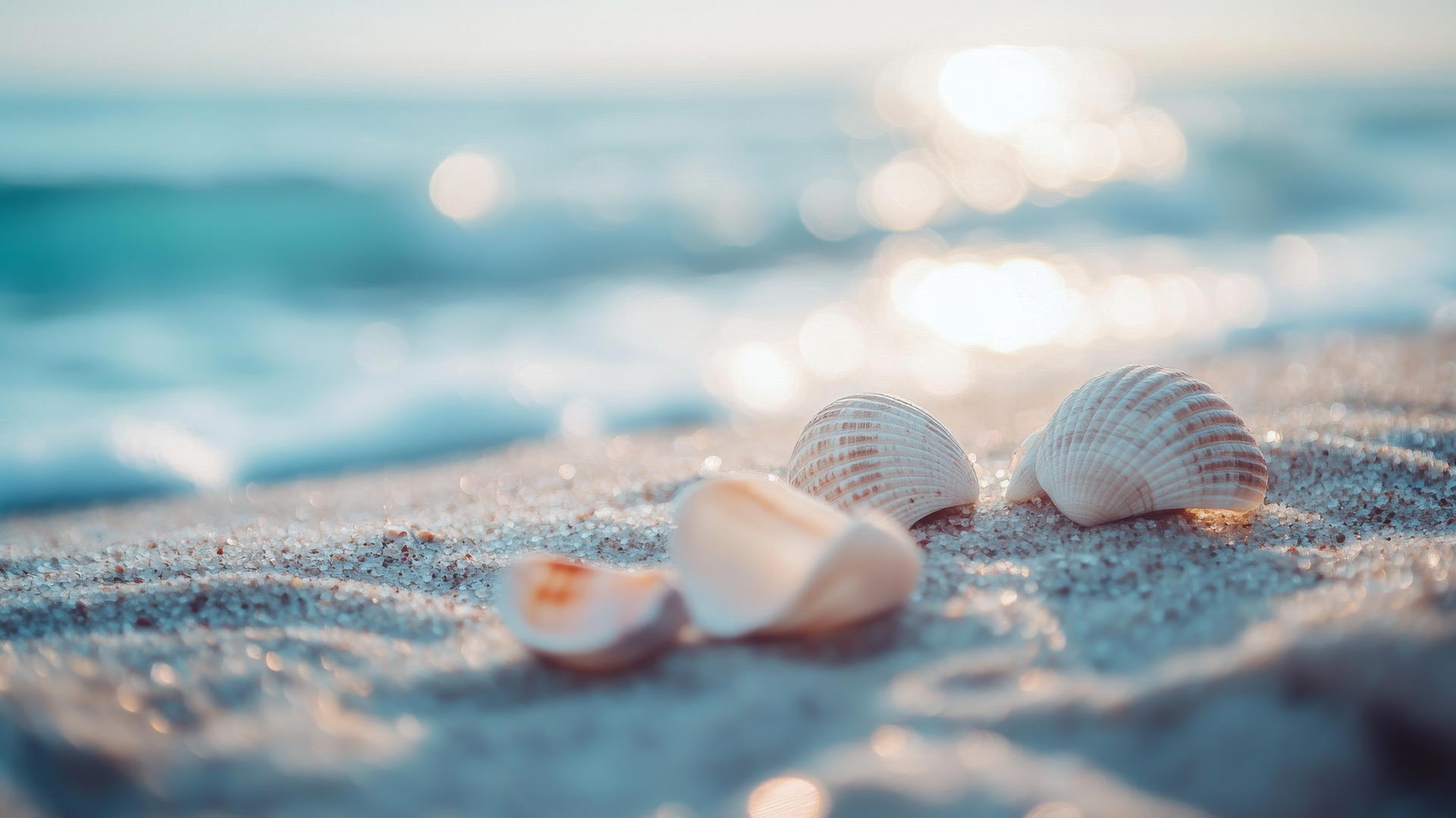 vintage beach scene with muted colors, seashells, blur effect, beach wallpaper aesthetic