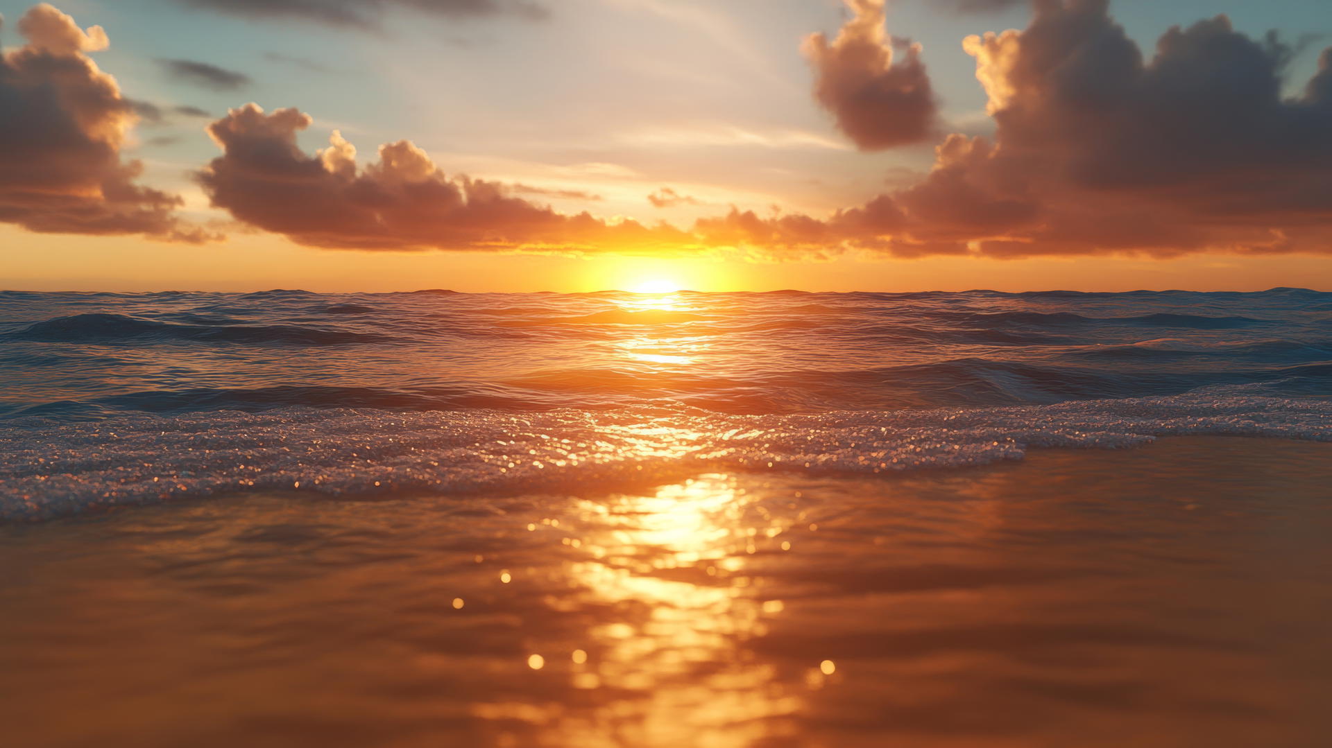 4k beach sunset with shimmering water and detailed sand grains
