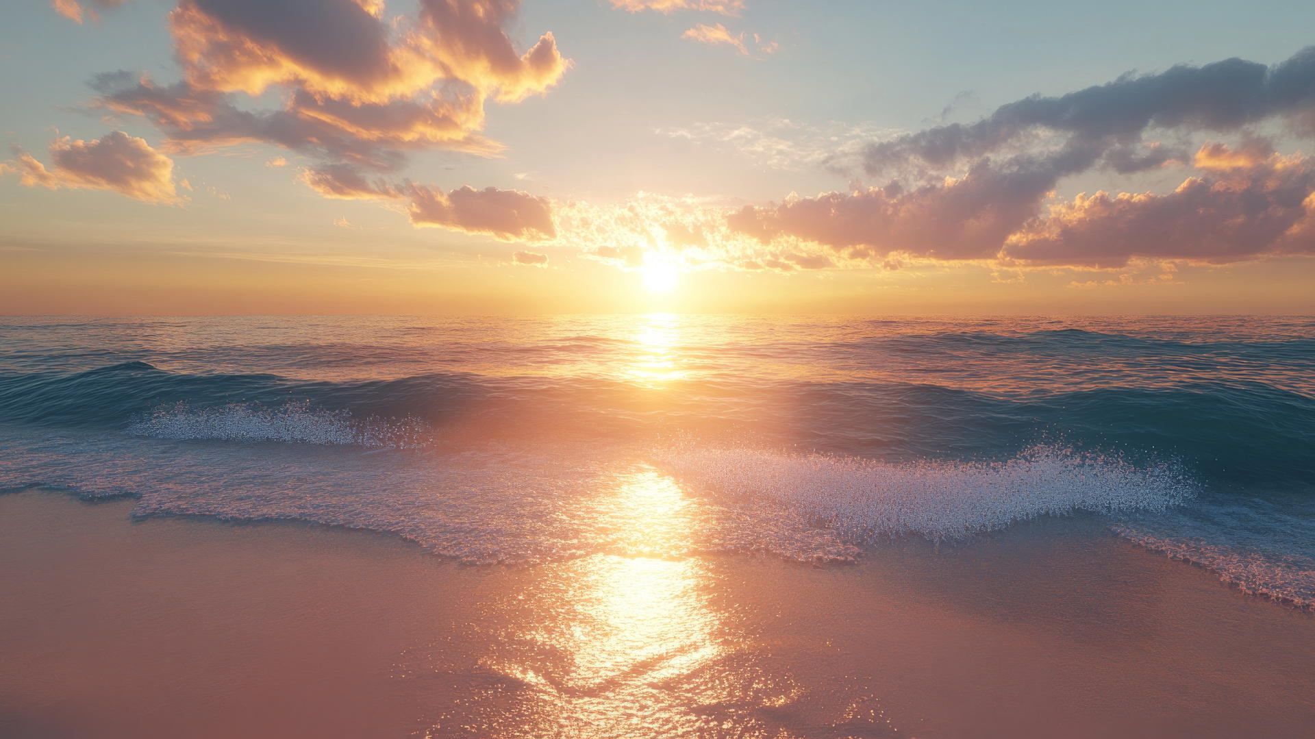 4K beach sunset with shimmering water reflections, grains of sand, and a glowing horizon