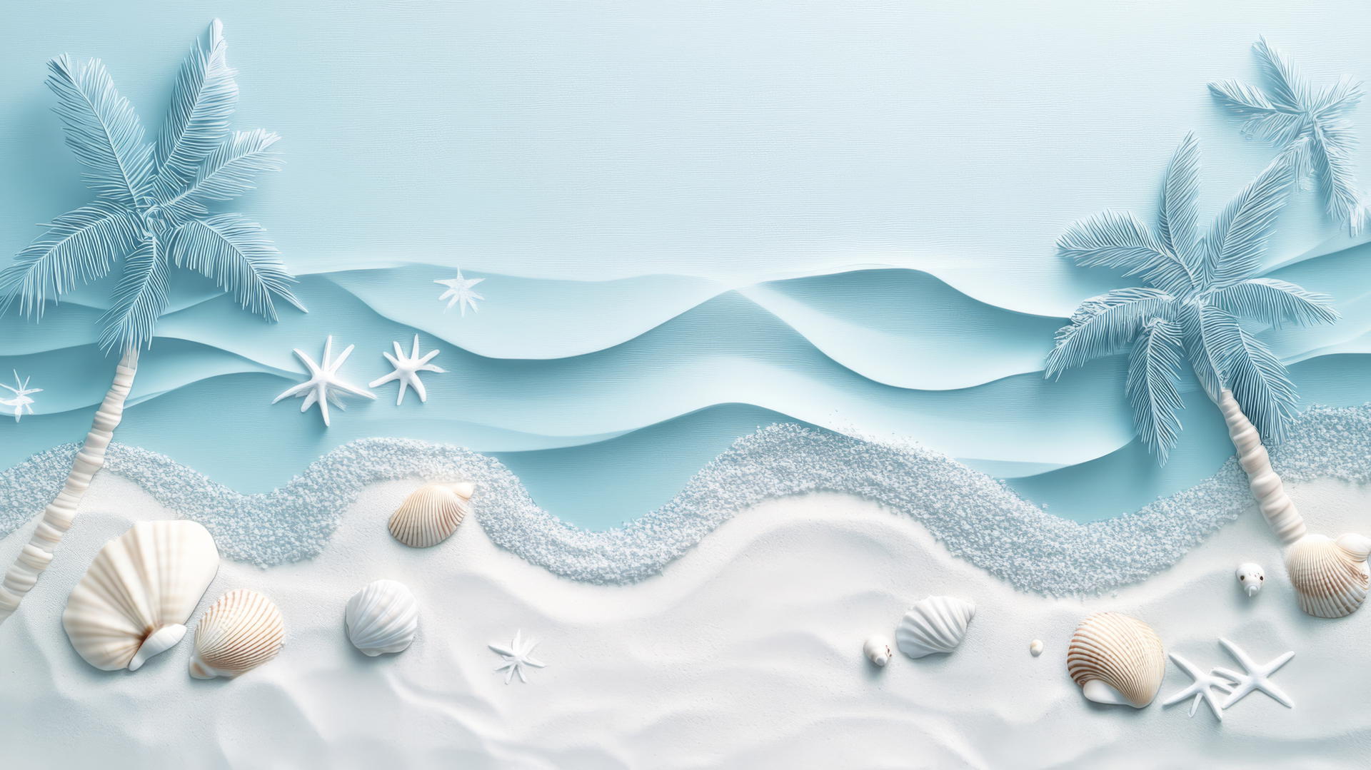 Beach theme wallpaper with stylized waves, palm silhouettes, and seashells.