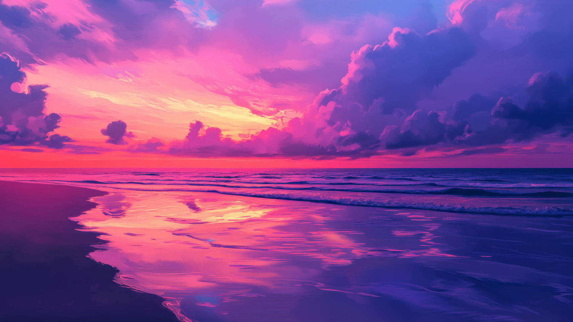 Aesthetic beach wallpaper with romantic sunset, vibrant sky, and glowing water