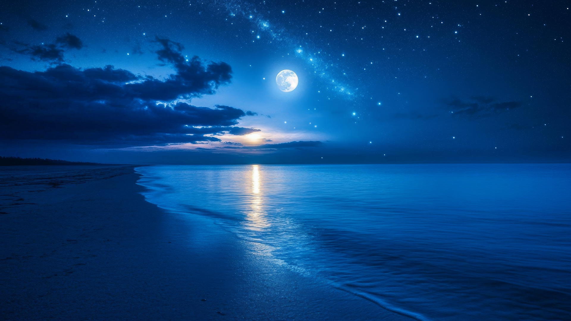 Aesthetic beach wallpaper with a calm night beach, starry sky, and moonlight.