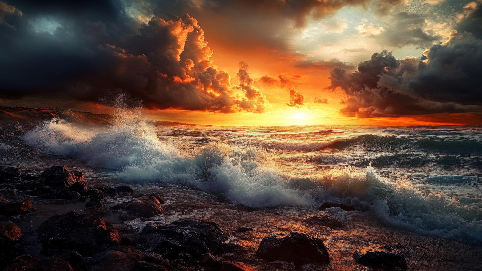 beach sunset wallpaper with storm clouds and crashing waves