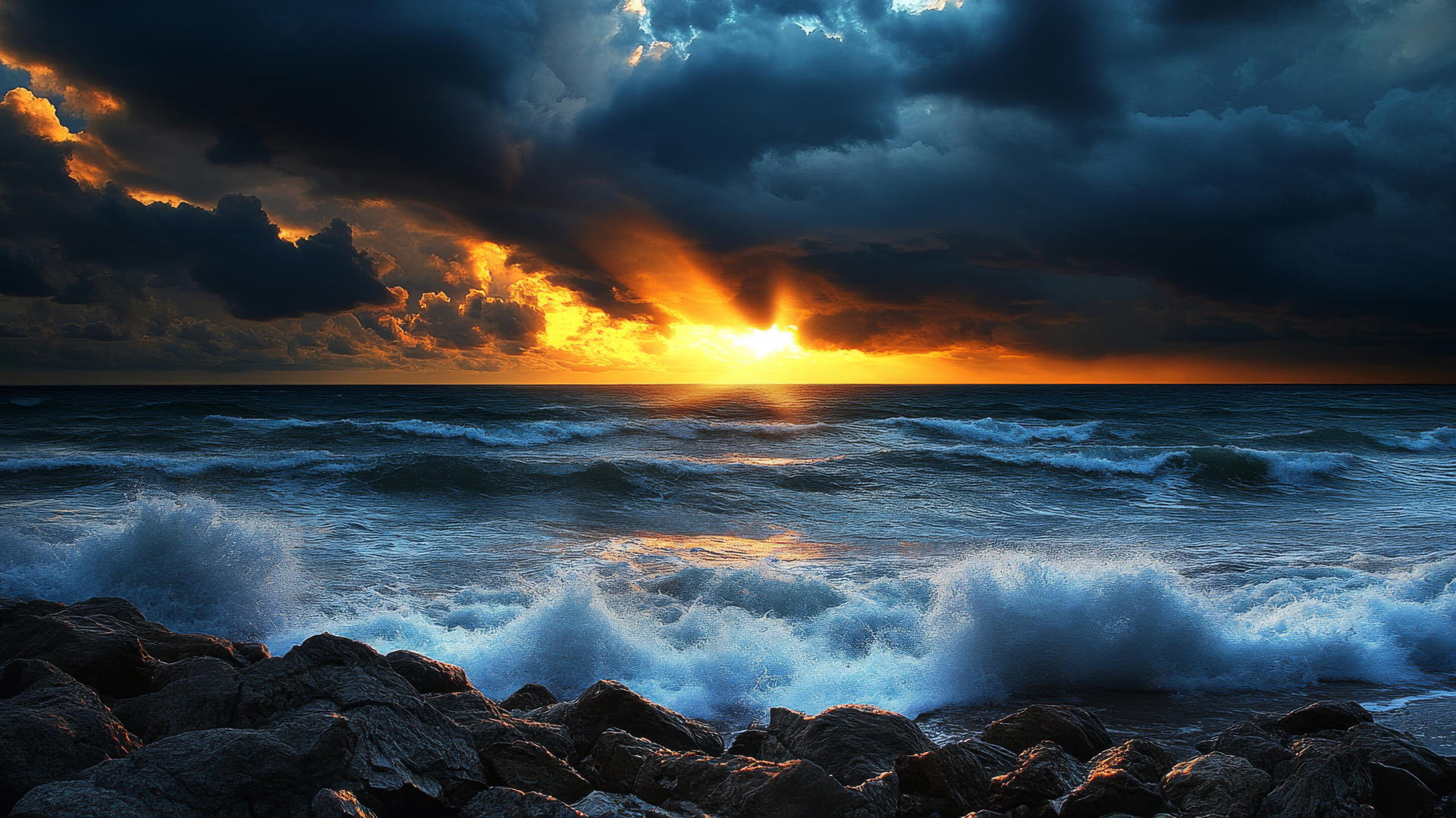 A moody, dramatic beach sunset wallpaper with crashing waves and storm clouds.