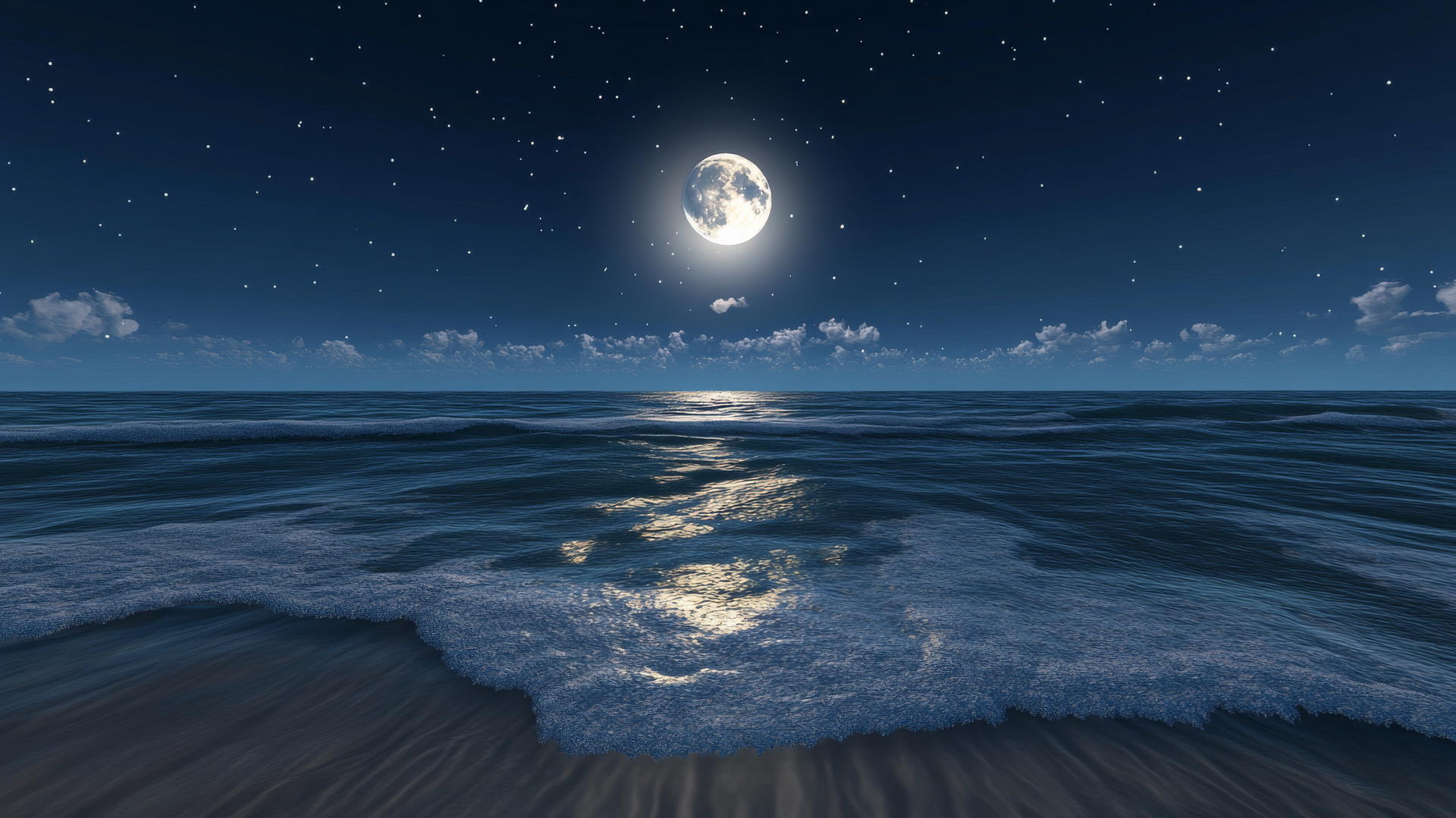nighttime beach background wallpaper with full moon, glowing waves, and stars