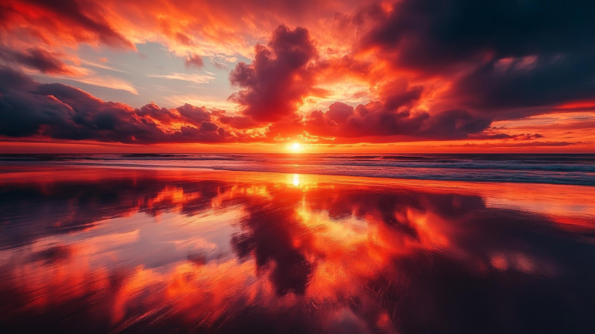 Sunset beach wallpaper with fiery red and orange skies reflecting on wet beach