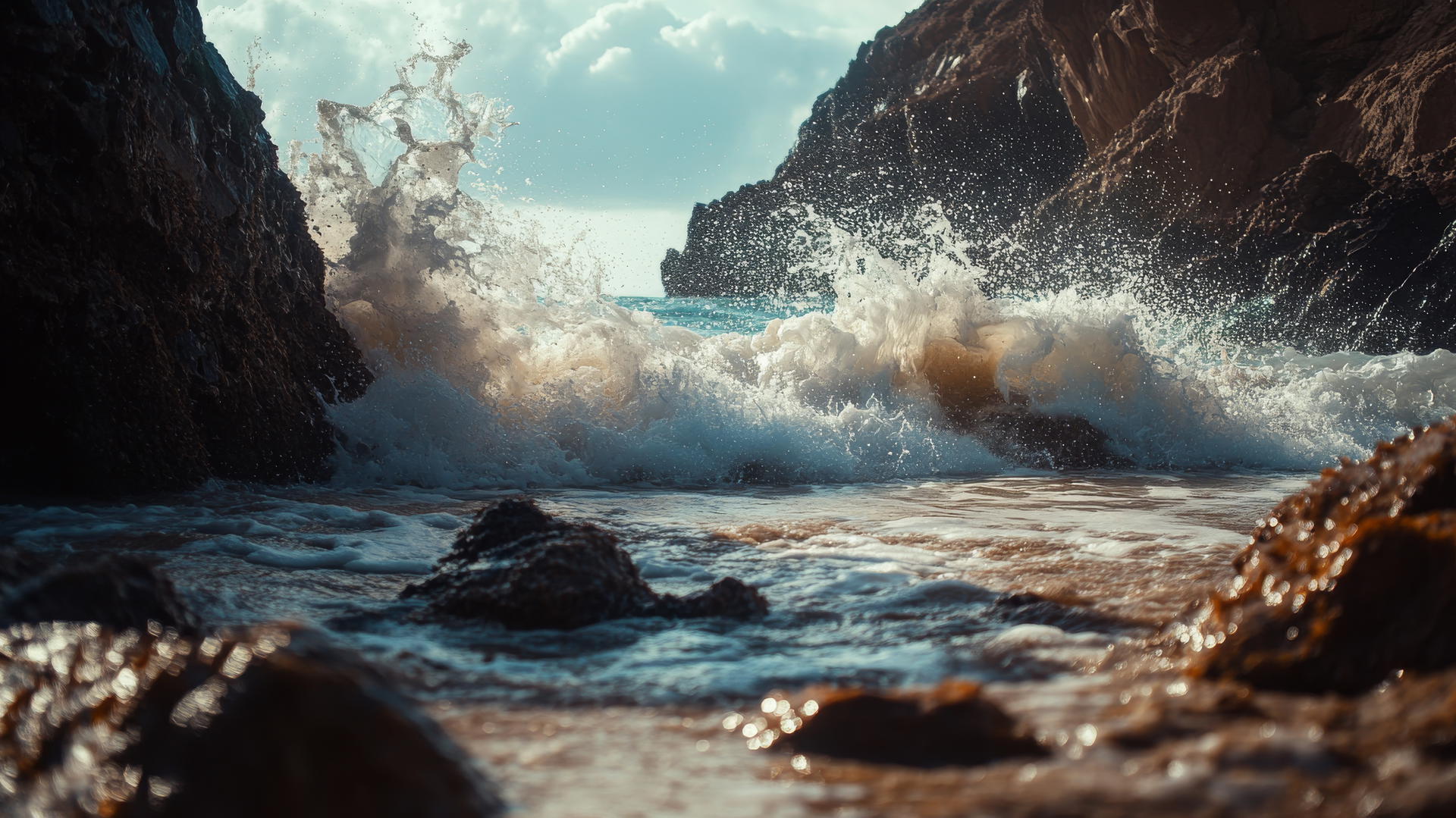 Beach wallpaper 4k with powerful waves crashing against rocky formations