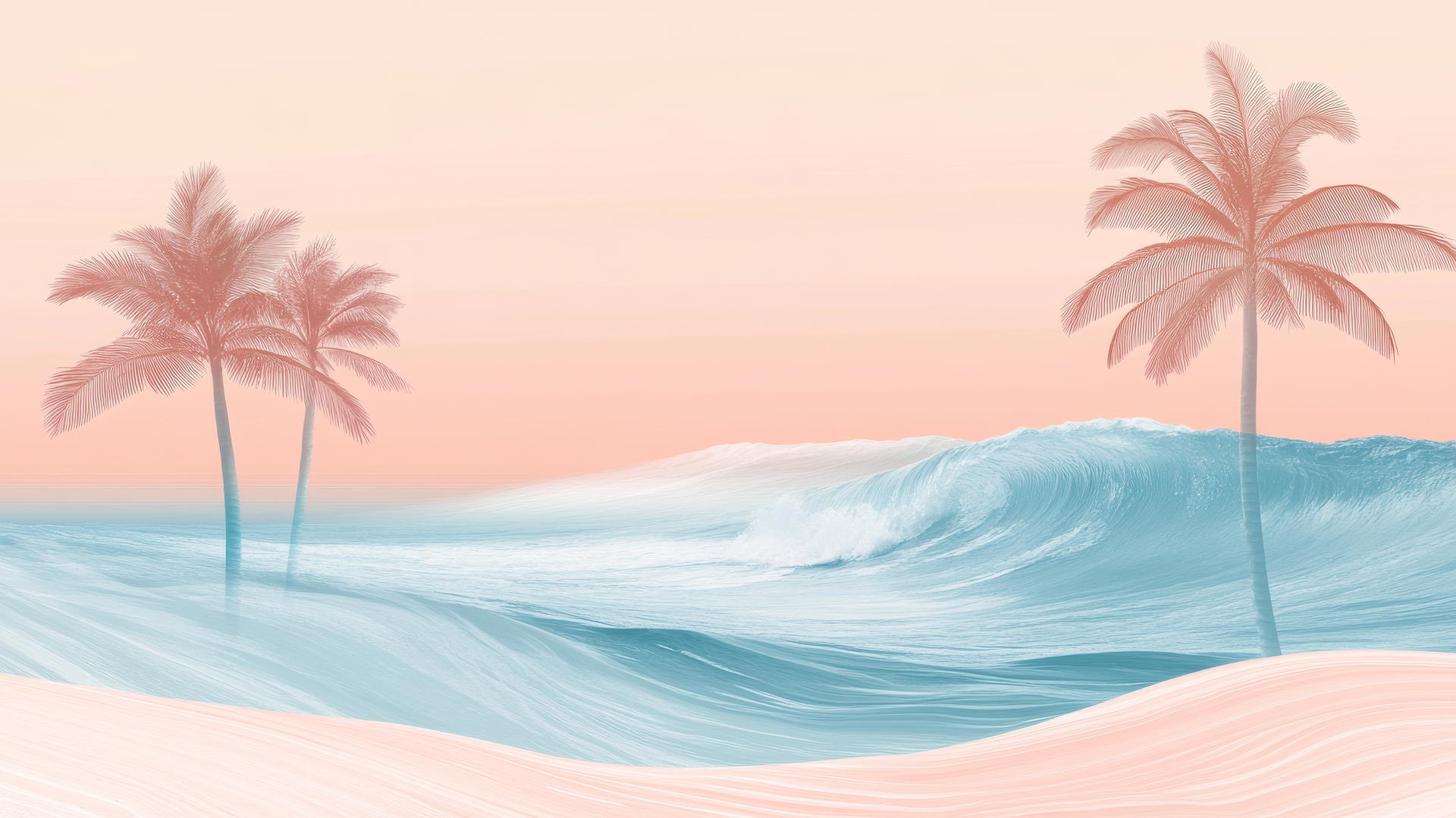 beach themed wallpaper with minimalist design, stylized palm trees, and abstract ocean waves