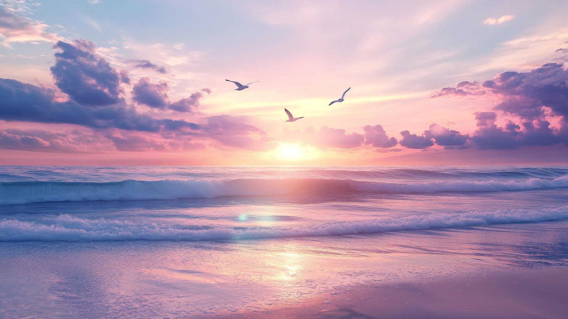 sunset background beach wallpaper with dreamy pastel skies and seagulls