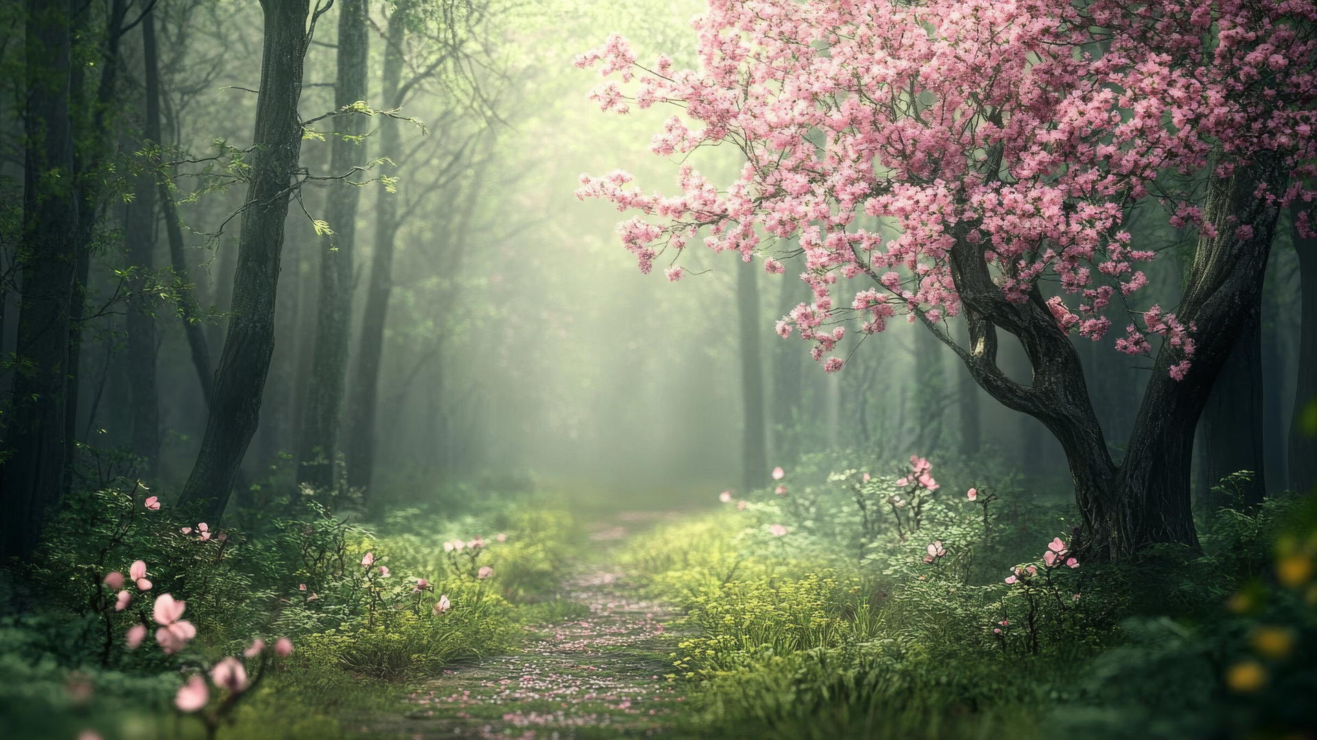 spring wallpaper of whimsical fairy-tale forest with budding trees and flowers