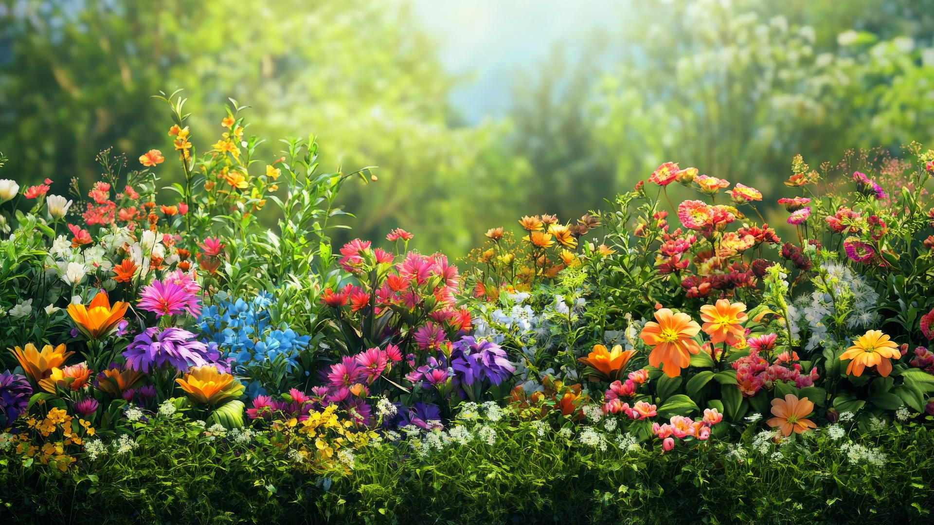 spring wallpaper with vibrant garden of mixed flowers and greenery in full bloom