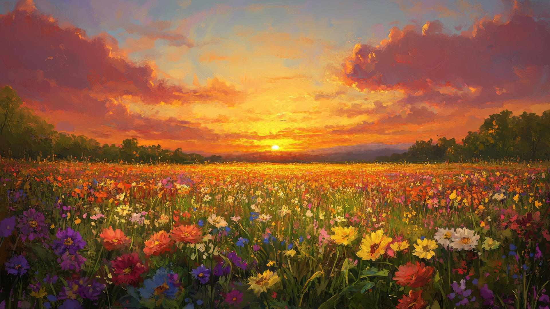 vibrant sunset over a wildflower field, spring wallpaper