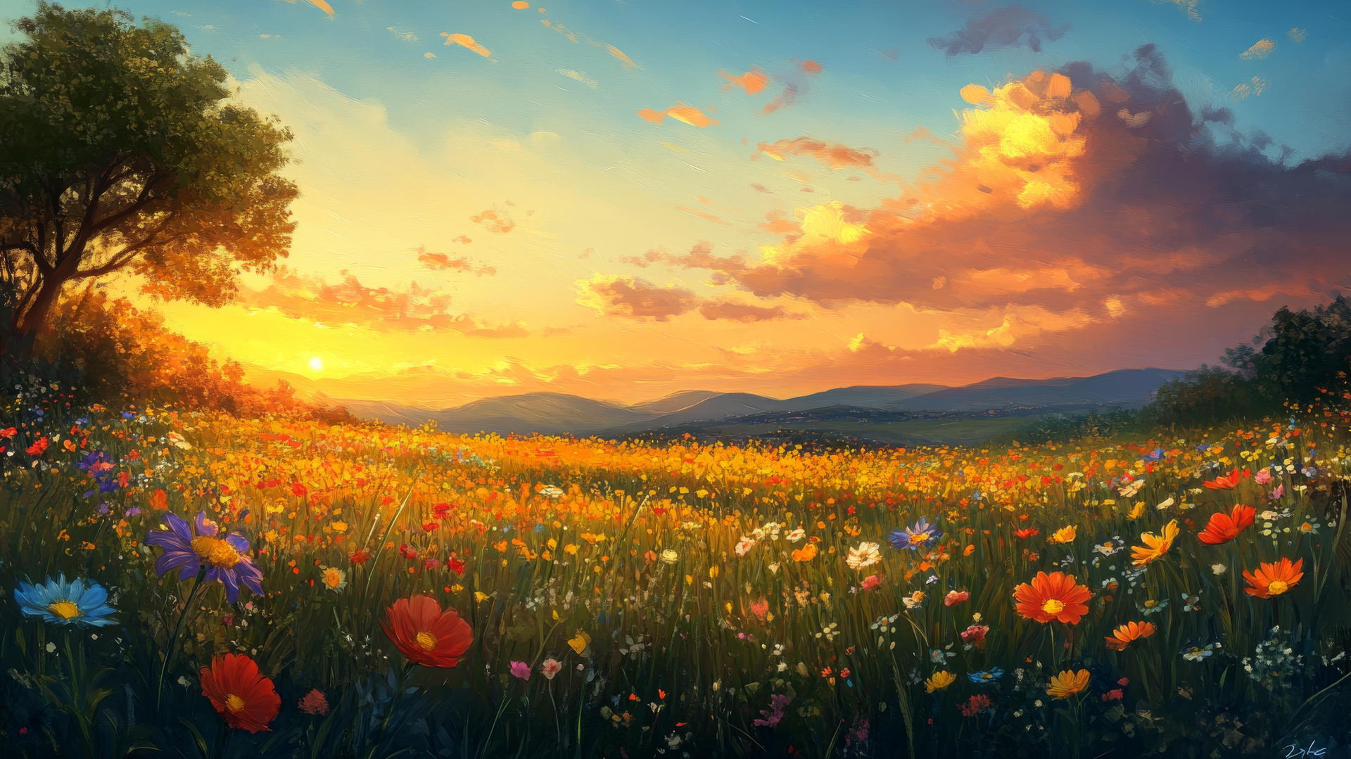 spring wallpaper with sunset over a wildflower field