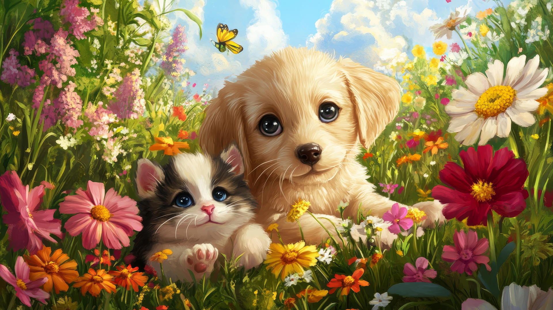 cute spring wallpaper with cartoon puppies and kittens playing in a bright flower meadow