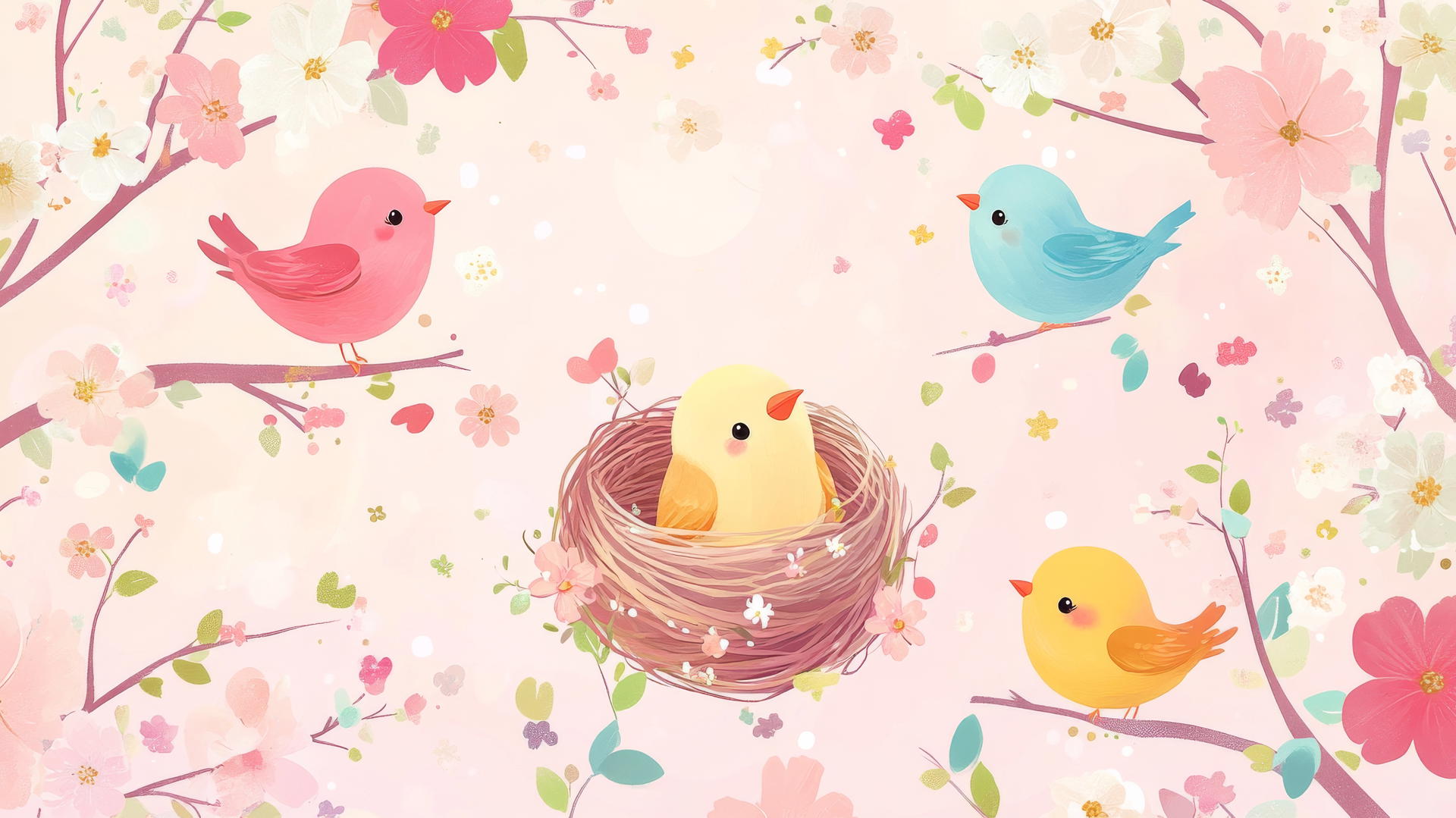 cute spring wallpaper with tiny birds in colorful nests