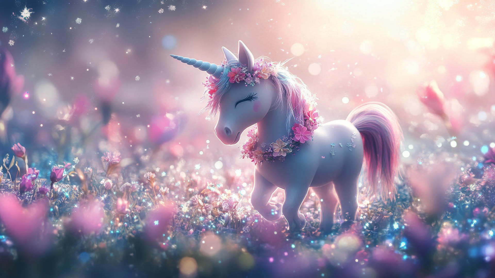 Cute spring wallpaper with tiny unicorn, flower garland, field of twinkling flowers.