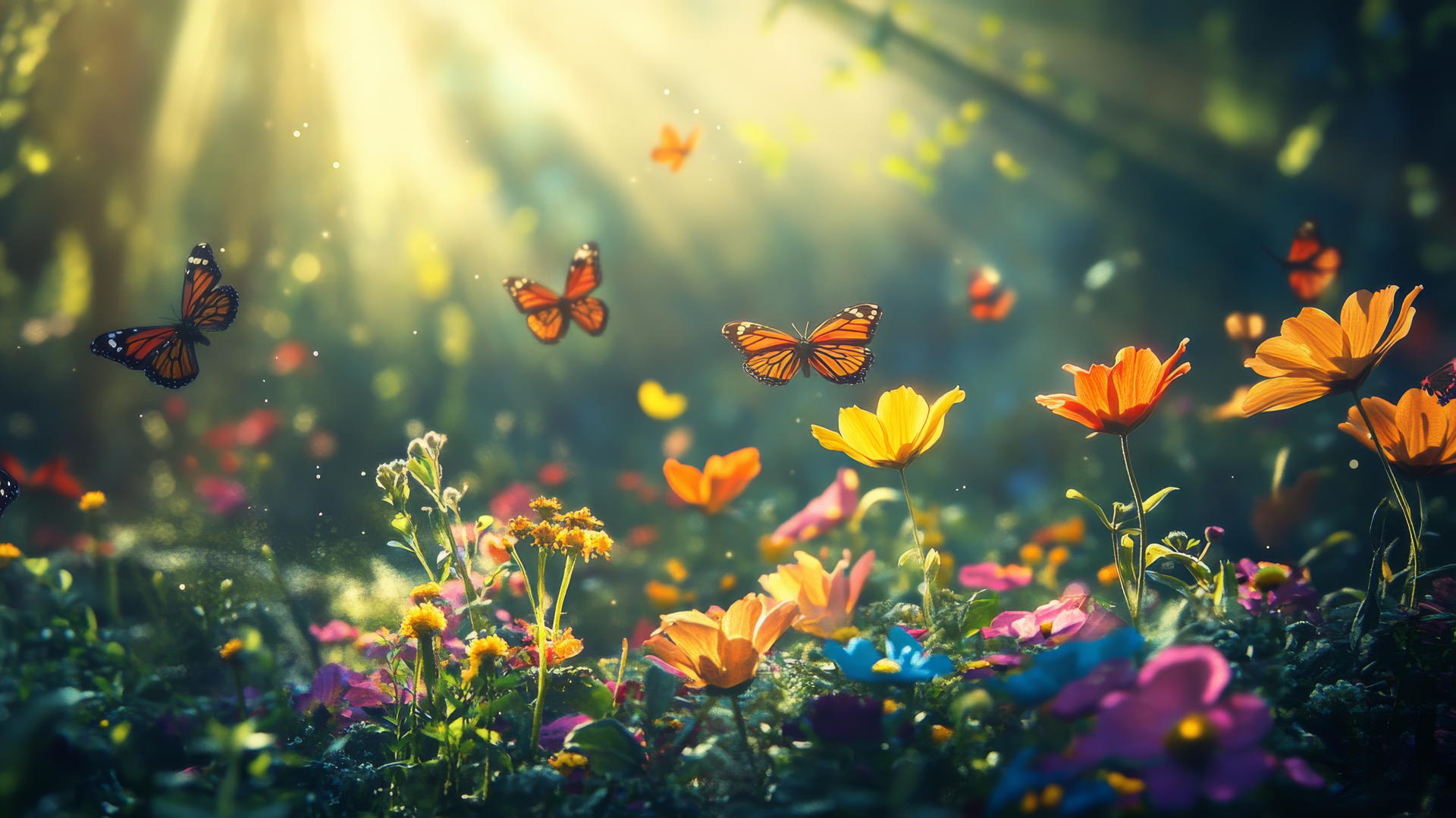 spring aesthetic wallpaper with butterflies and colorful flowers in soft sunlight