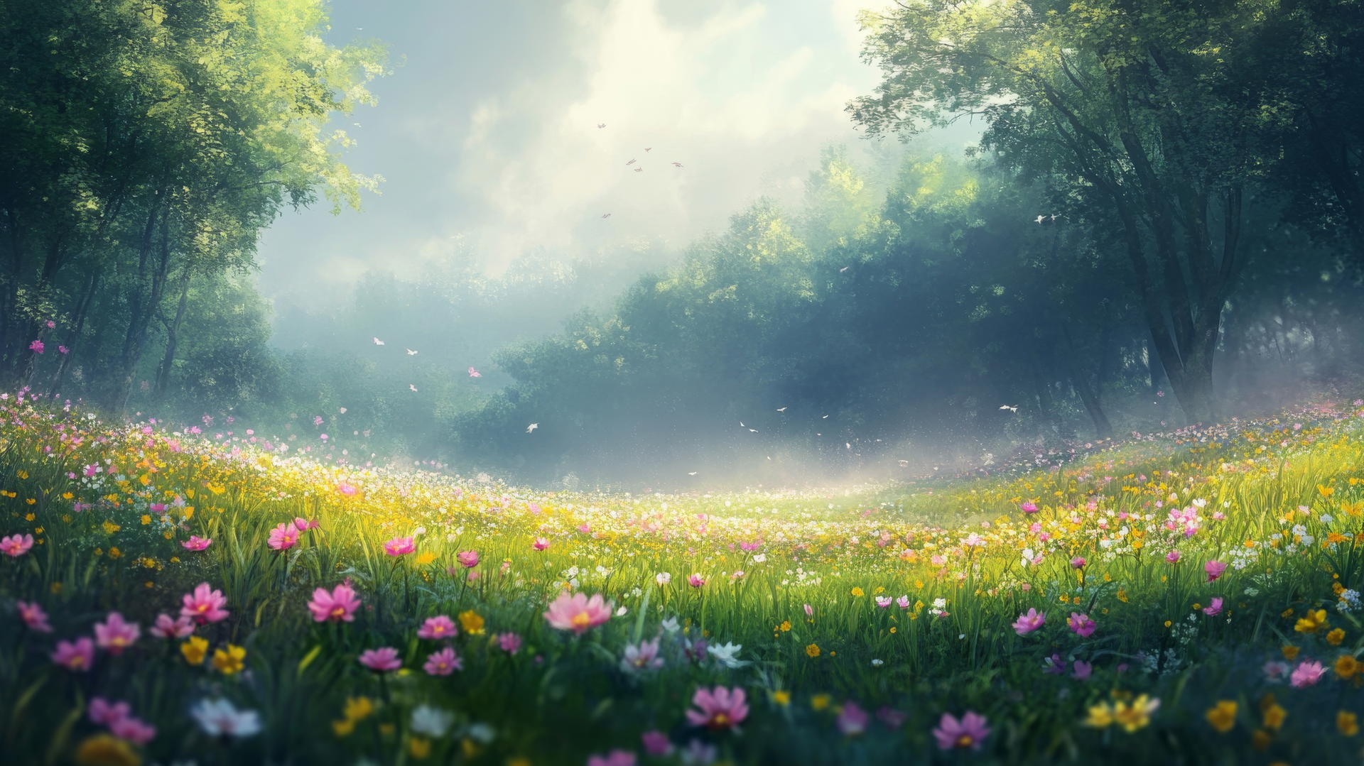 spring flowers wallpaper in a dreamy landscape with mist and soft sunlight